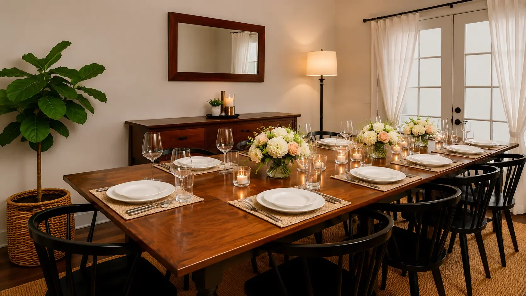 Dining room table set for a meal with white plates, wine glasses, and candles. The table has three floral centerpieces with white and pink flowers. There's a tall potted plant on the left, a wooden sideboard with candles and greenery, a mirror above it, and a floor lamp. Large windows with white curtains provide natural light.