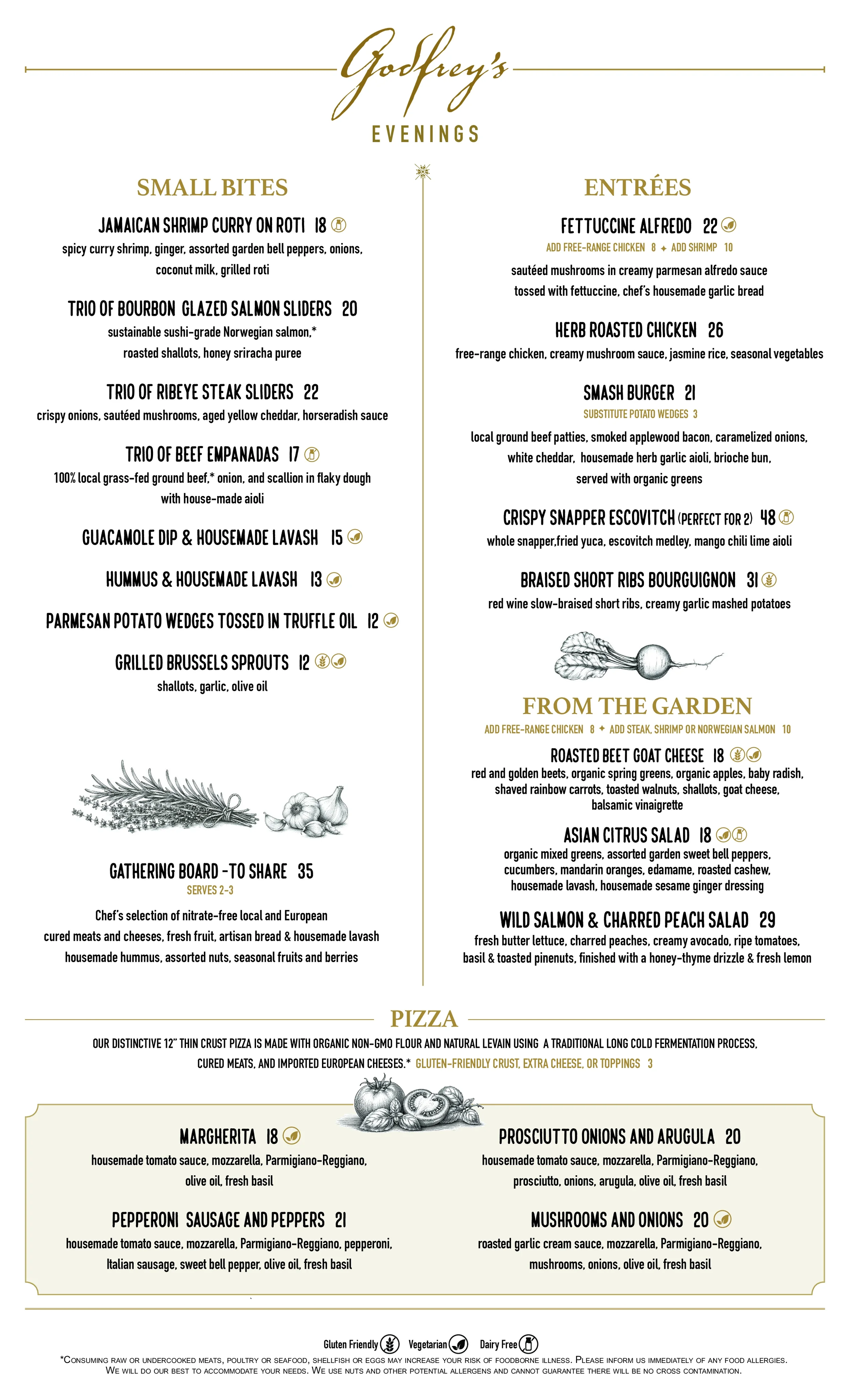 Menu for Godfrey's Evenings featuring small bites like Jamaican shrimp curry on roti, sashimi style Norwegian salmon, beef empanadas, dips, and grilled vegetables; entrées such as fettuccine Alfredo, herb roasted chicken, smash burger, crispy snapper escovitch, and braised short ribs; garden dishes including roasted beet goat cheese, Asian citrus salad, and wild salmon and charred peach salad; and pizza options.