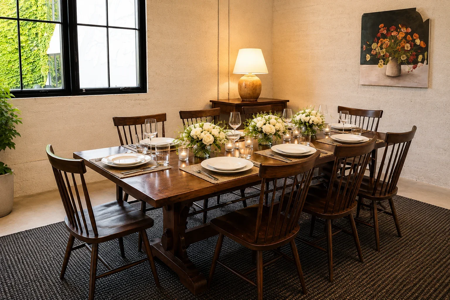 A dining room with a wooden table set for a meal, decorated with white floral centerpieces and candles. Six wooden chairs are around the table. A window with black framing offers natural light, and a lamp on a sideboard adds warm lighting. A painting of a flower vase hangs on the wall.