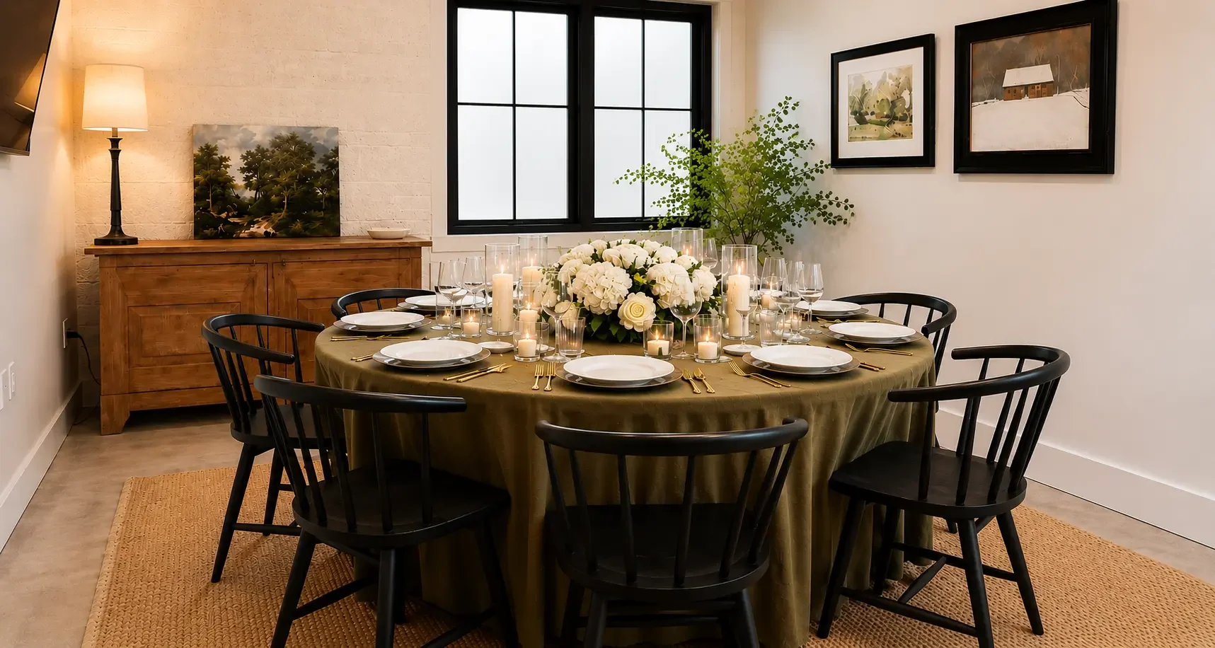 A round dining table set for eight people with white plates, gold utensils, wine glasses, and numerous white candles and candles in glass holders as a centerpiece. The table has a dark green tablecloth. In the background, there is a window with black framing, a wooden sideboard with a framed photo or painting and a lamp on top, and three pictures hanging on the white wall.