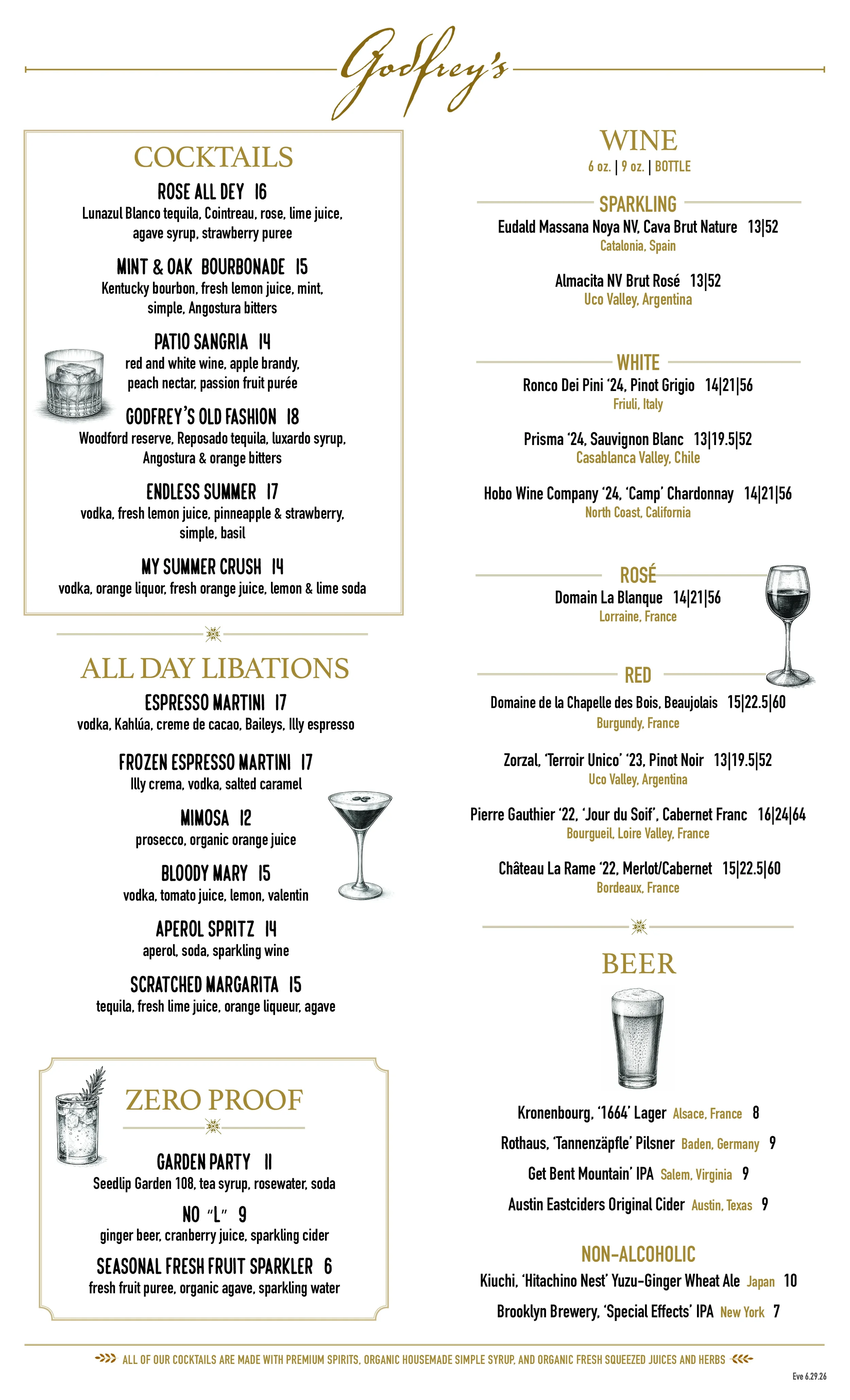 Drink menu from Godfrey's featuring cocktails, wines, beers, and zero-proof drinks, with illustrations of a whiskey glass and a cocktail glass.