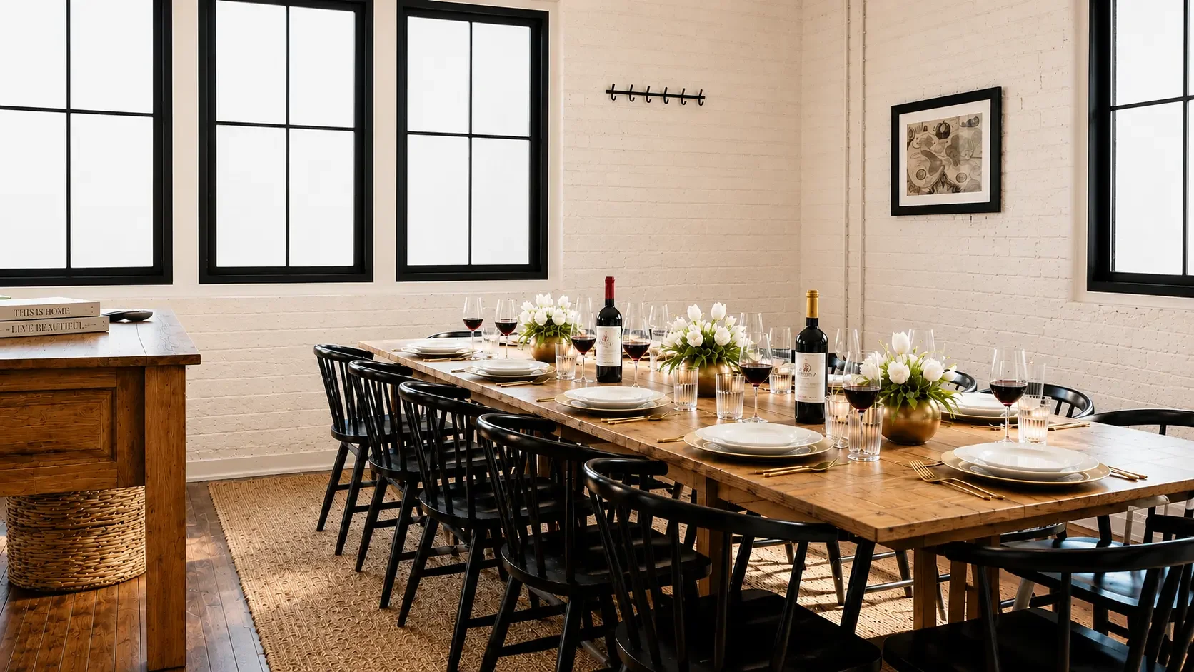 Dining table set for a meal with plates, wine glasses, and floral centerpieces in a bright, modern room with large black-framed windows and white brick walls.