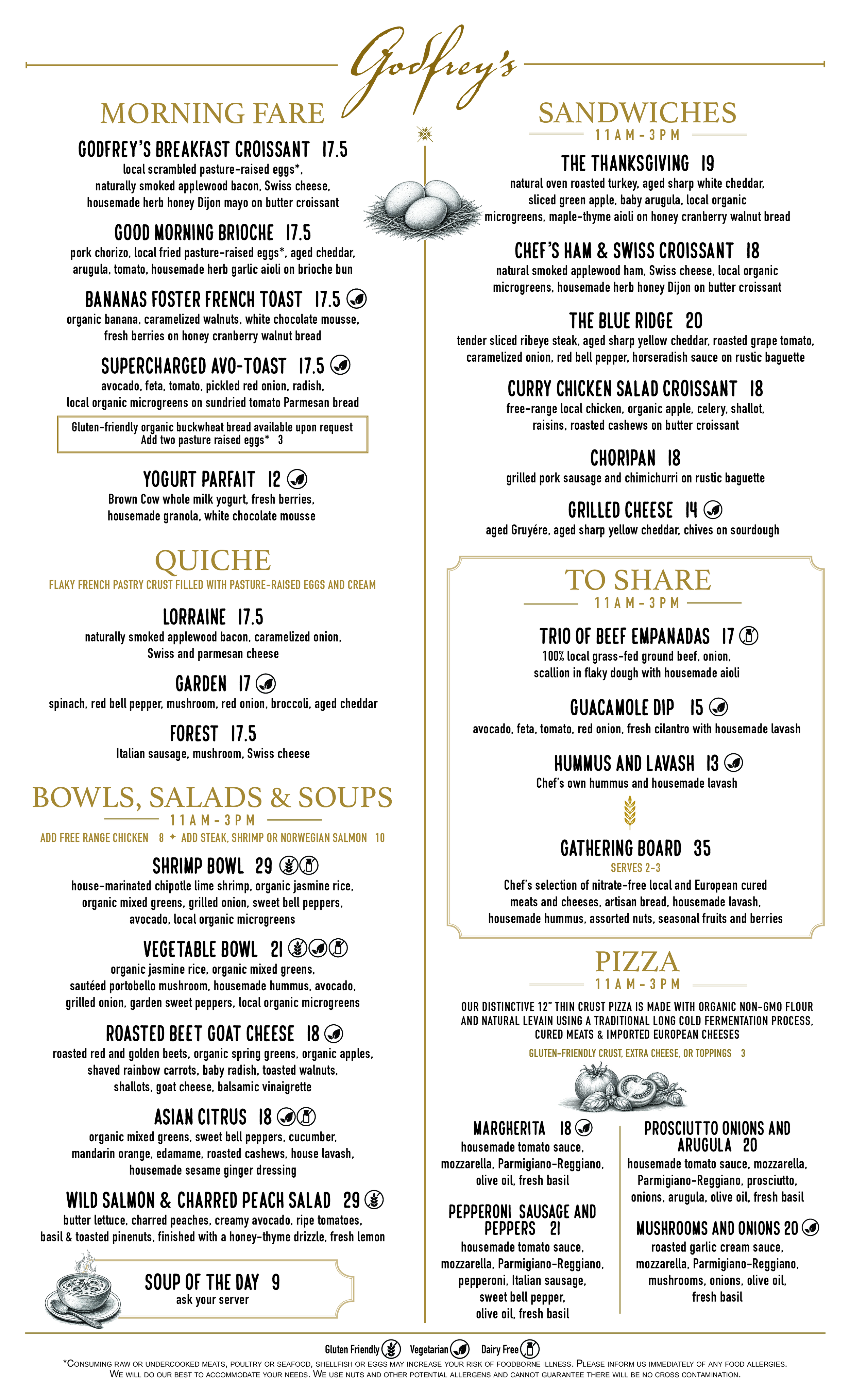 Menu from a restaurant with sections for morning fare, sandwiches, bowls, salads, soups, pizza, and sharing platters. Features items like breakfast croissant, brioche, French toast, yogurt parfait, quiche, shrimp bowl, vegetable bowl, roasted beet goat cheese, and various sandwiches and pizzas with descriptions and prices.