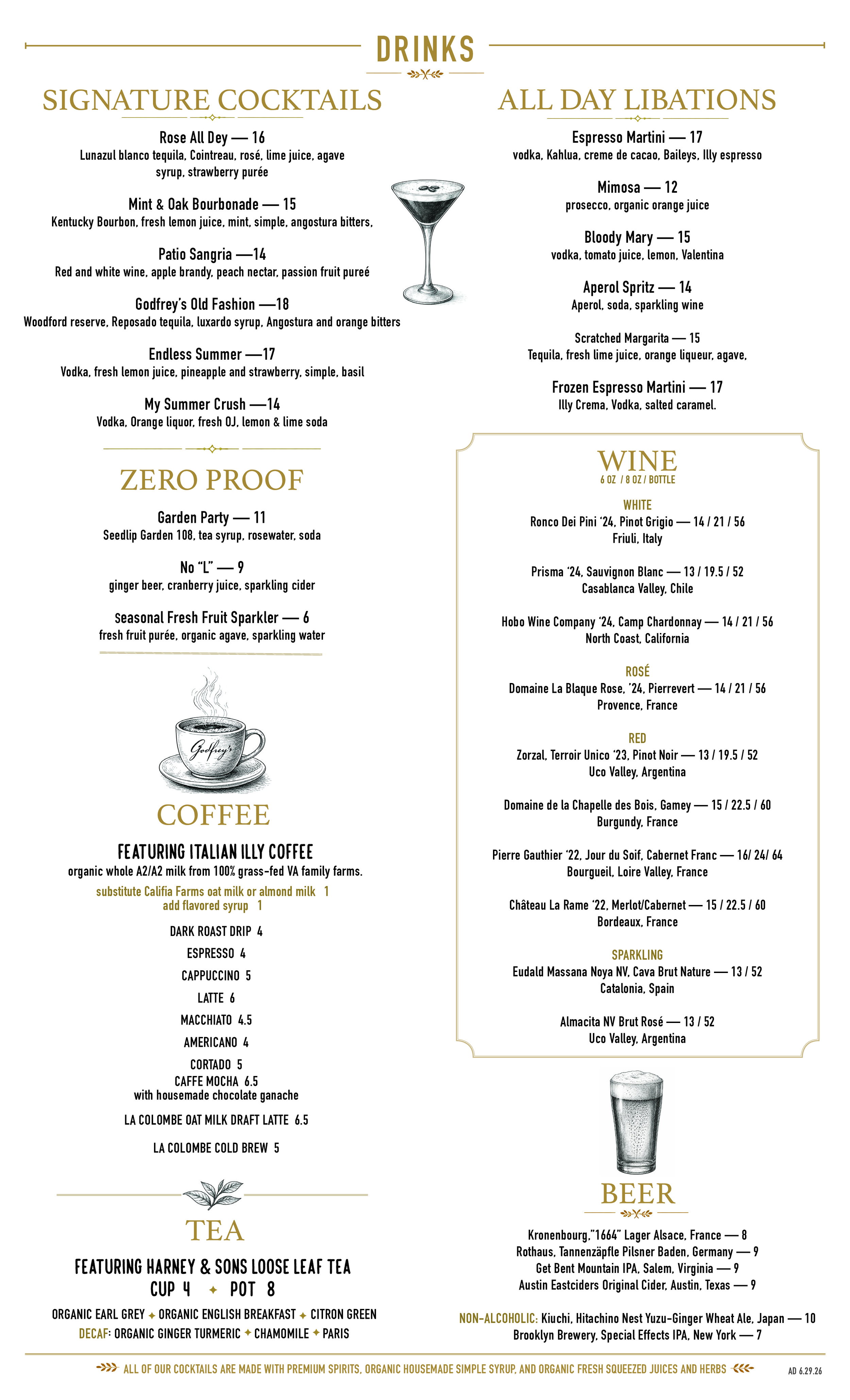 Menu offering various drinks including cocktails, zero proof beverages, wine, beer, and tea, with descriptions and prices.