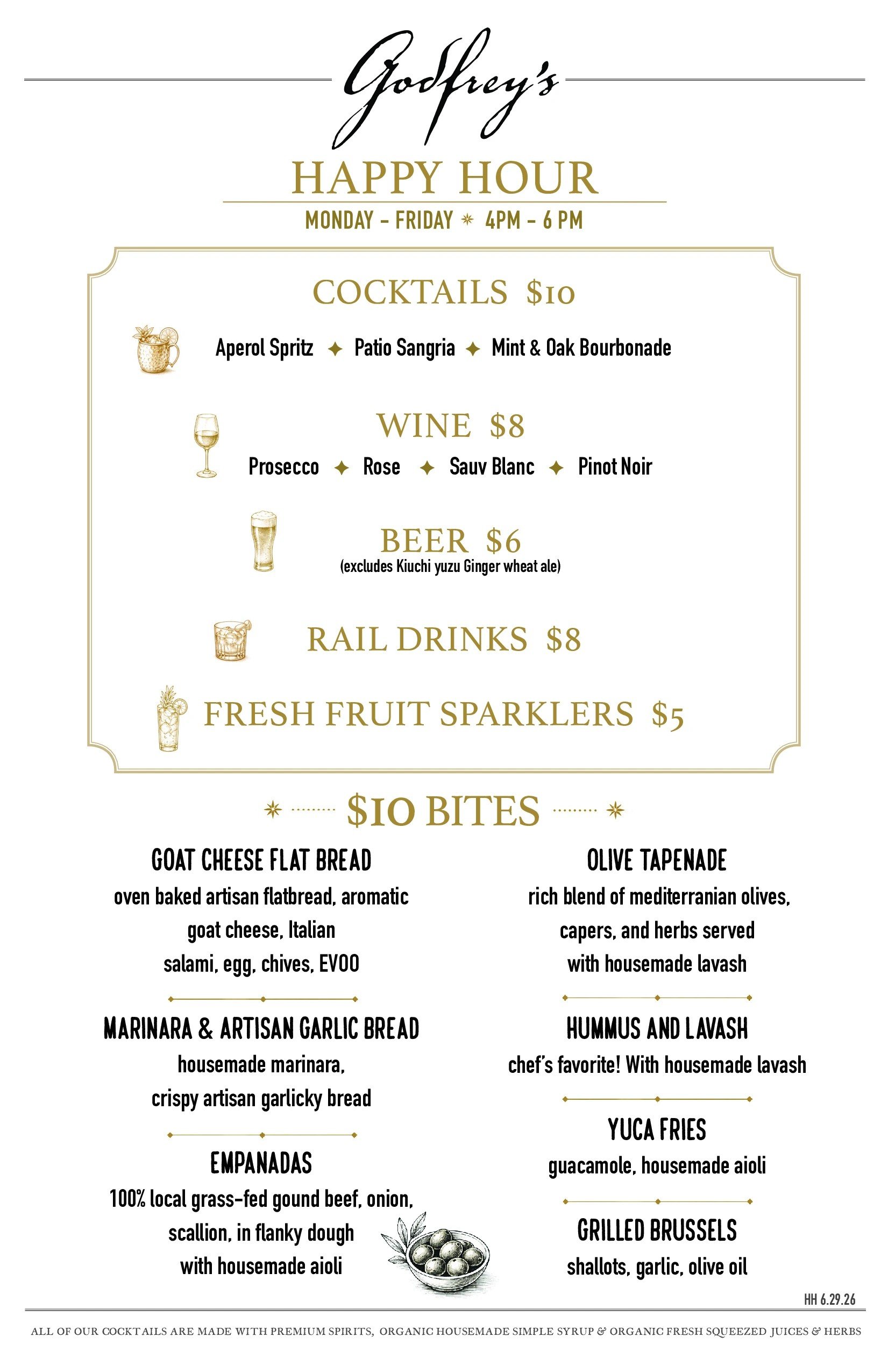 Menu titled 'Godfrey's Happy Hour' with offerings including cocktails, wine, beer, rail drinks, fresh fruit sparkers, and bites. Features illustrations of drinks next to each section.