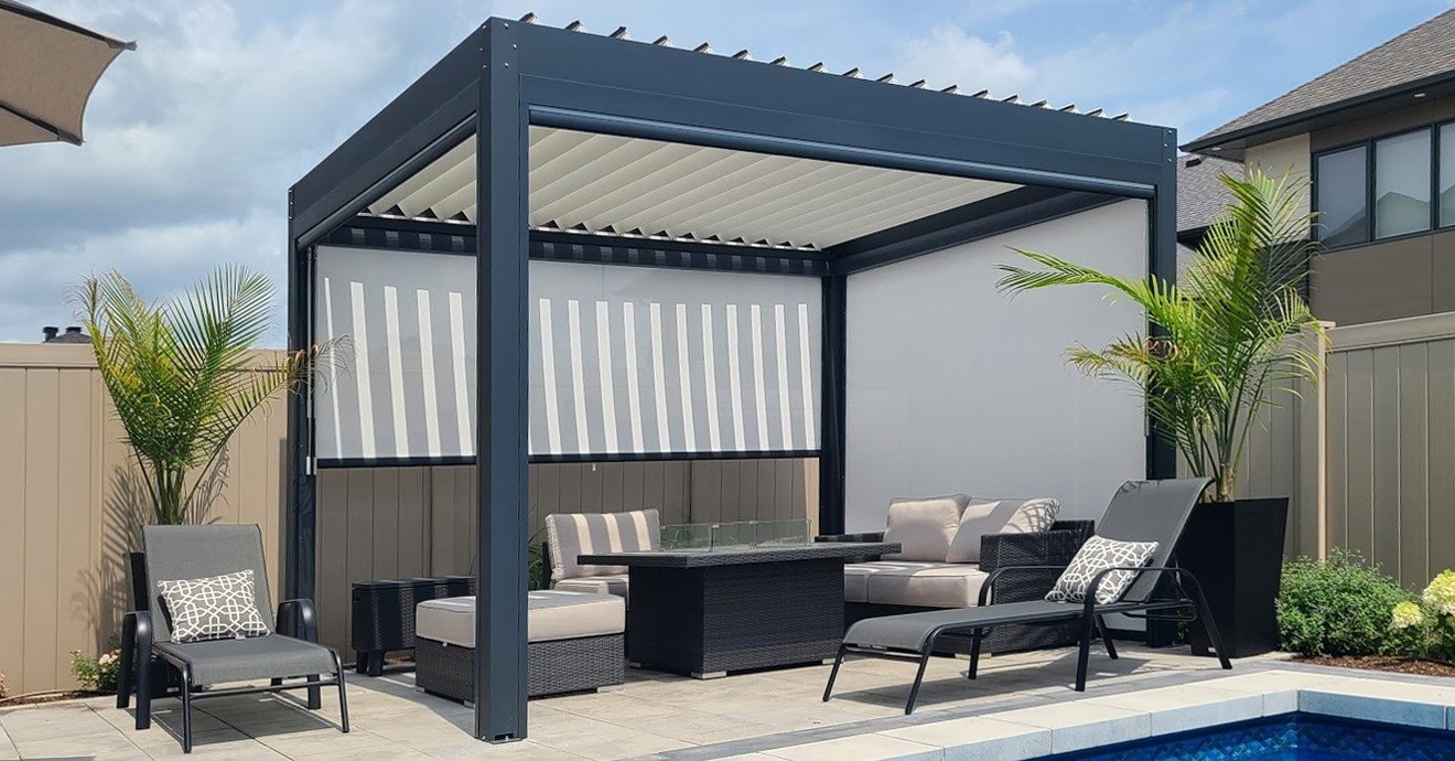 aluminum pergola with louvered roof and screen shade walls.jpg