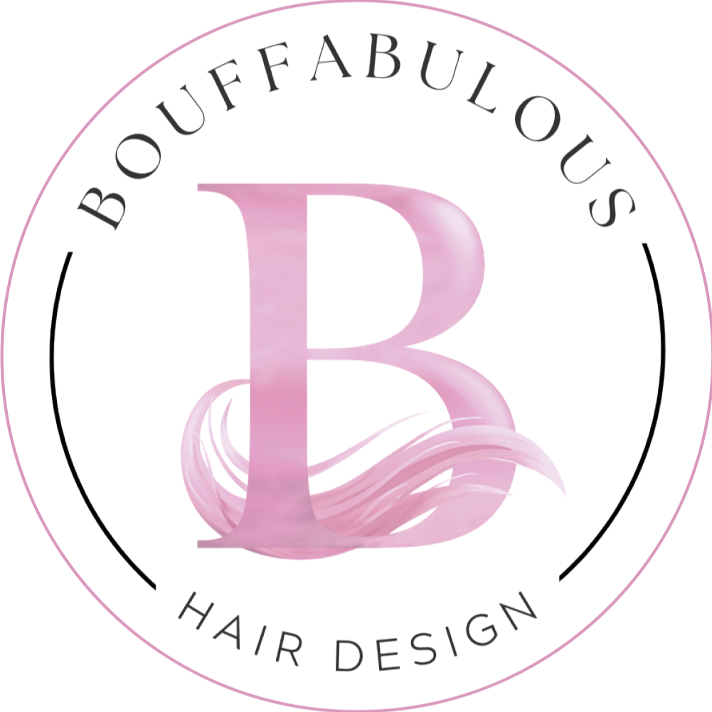 Logo for Boufabulous Hair Design with a large pink letter 'B' and waves, encircled by the words 'BOUFABULOUS' at the top and 'HAIR DESIGN' at the bottom.