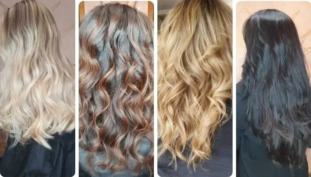 Row of four different women showing various hair colors and styles, including blonde, brown, and black wavy hair.