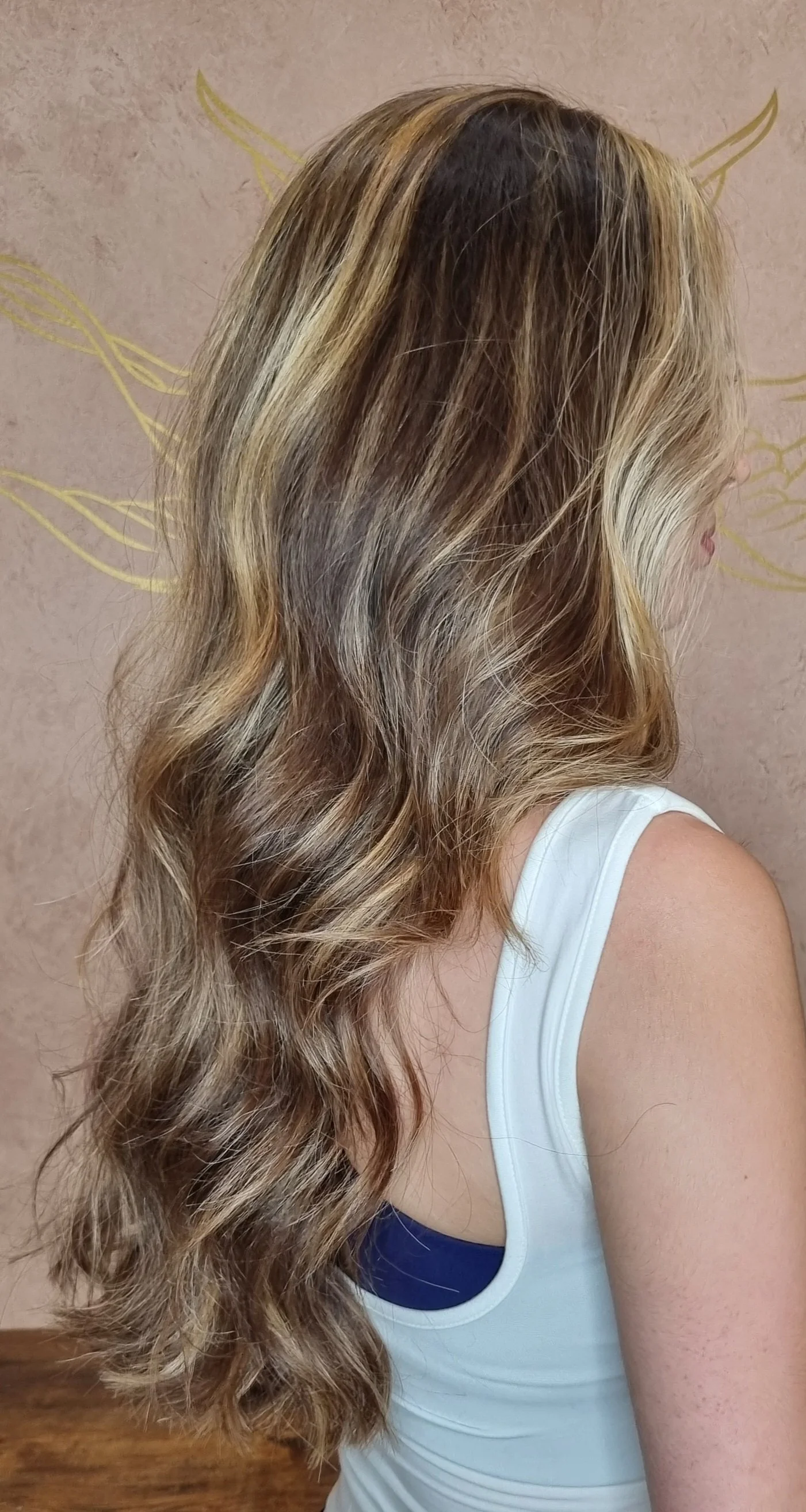 Professional Colour Correction - Half Head Highlights with darker tone added to remaining hair, adds dimension. Waves to finish and enhance style by Bouffabulous Hair Design in Croxley Green.