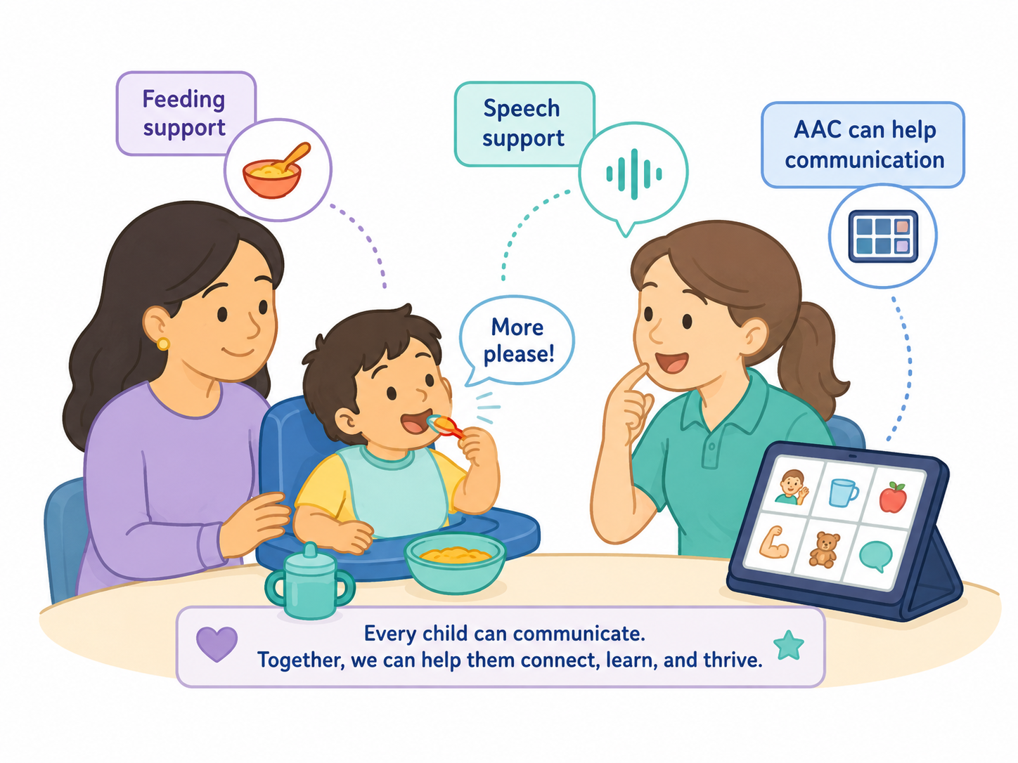 Two adults and a toddler sit around a table.  Text bubbles read: feeding support, speech support, and AAC.