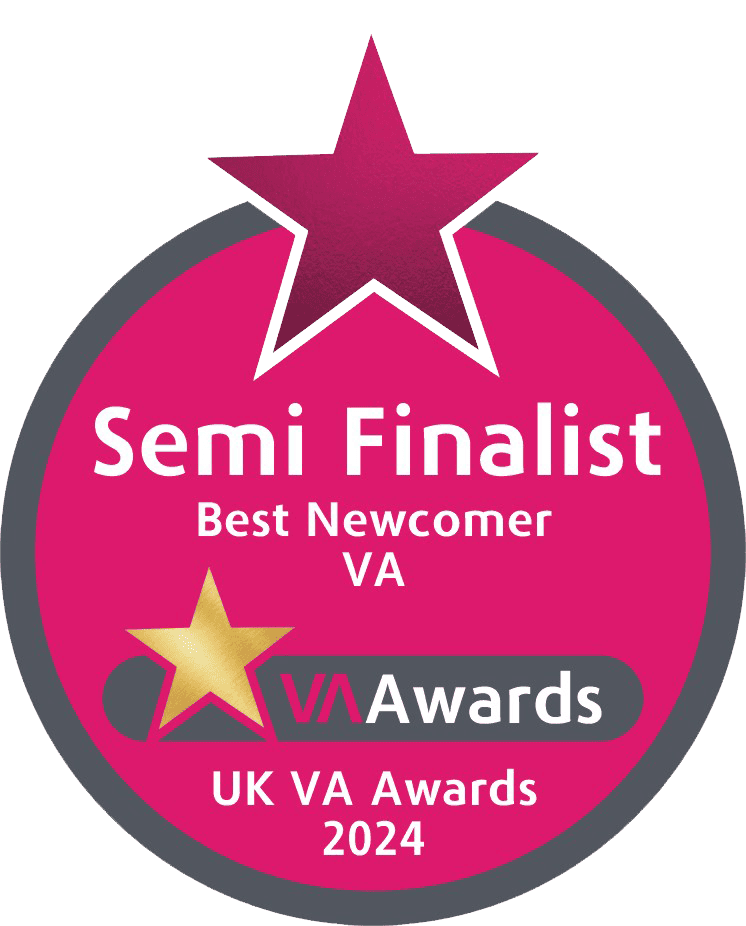 Pink award badge with a large pink star at the top, smaller gold star at the bottom left, and text indicating semi-finalist for best newcomer VA in the 2024 UK VA Awards.