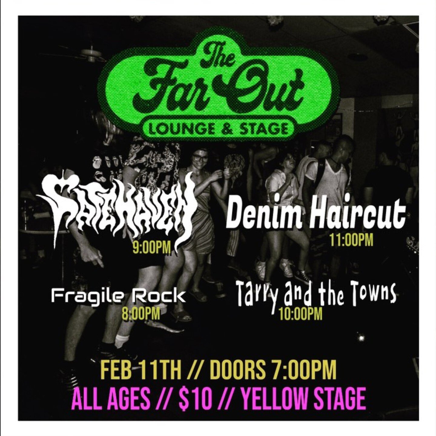 Just announced! Live Valentines-less Show 2/11/23 @thefaroutaustin 

8 pm - @fragilerockband 
9 pm - @safehavenrockband 
10 pm - @tarryandthetowns 
11 pm - @denimhaircut