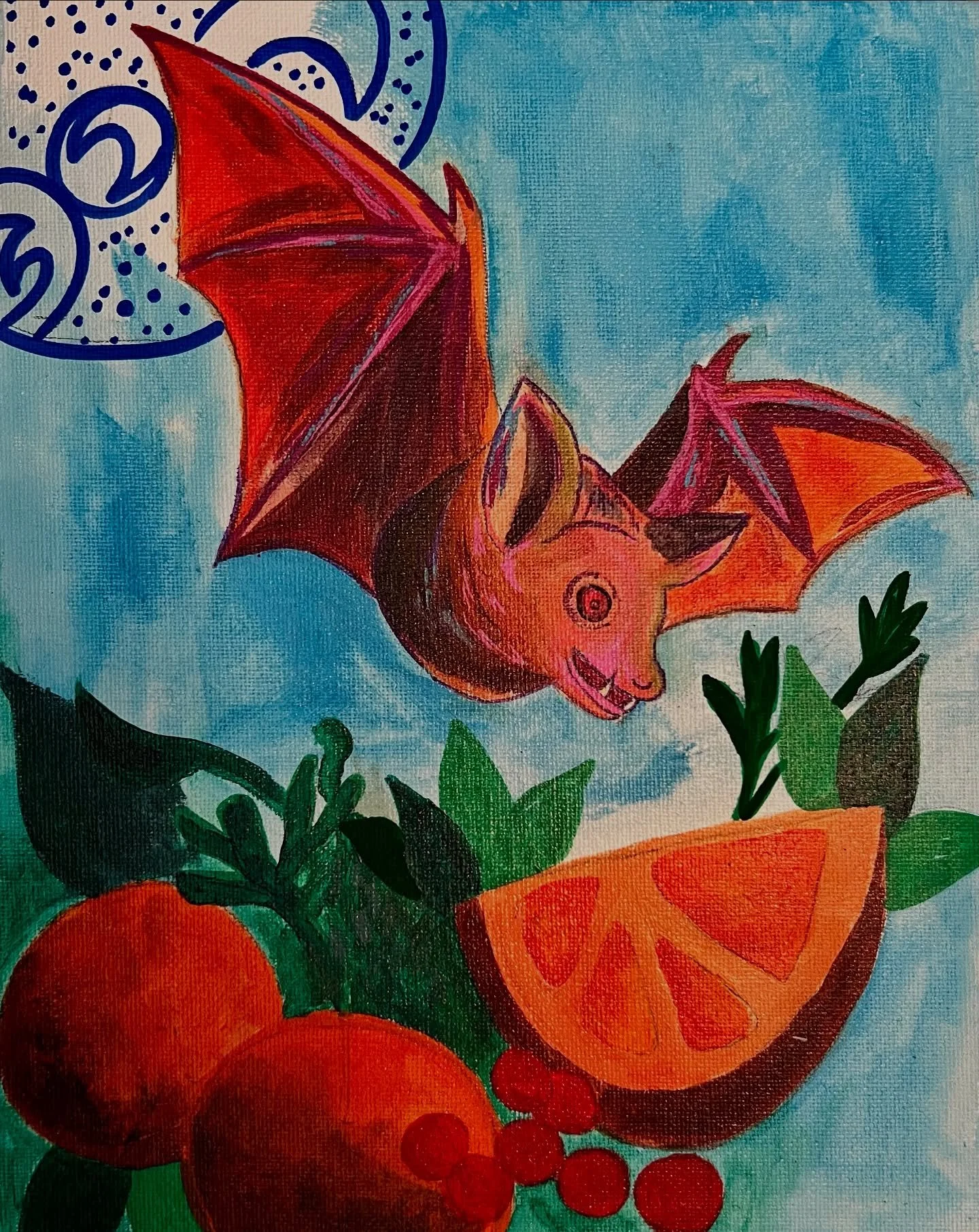 A bat with a bite, colors, and fruit 🍎🎨🦇
Stay tuned for more #wip pollinator paintings!

#expressiveart #abstractartist #painting #originalart #annarbor #michigan #bat #spookynotspooky