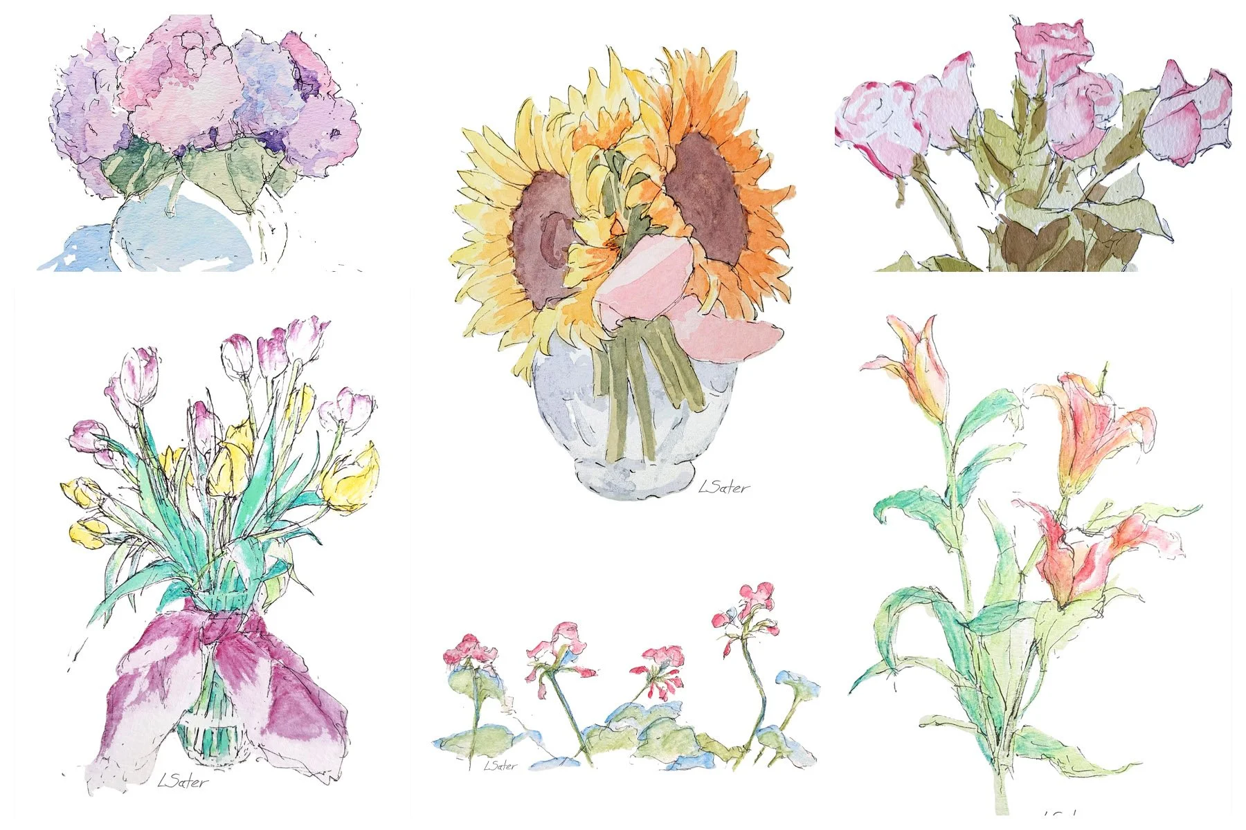 Set of six 5 1/2 x 4 1/4 floral notecards w/envelopes