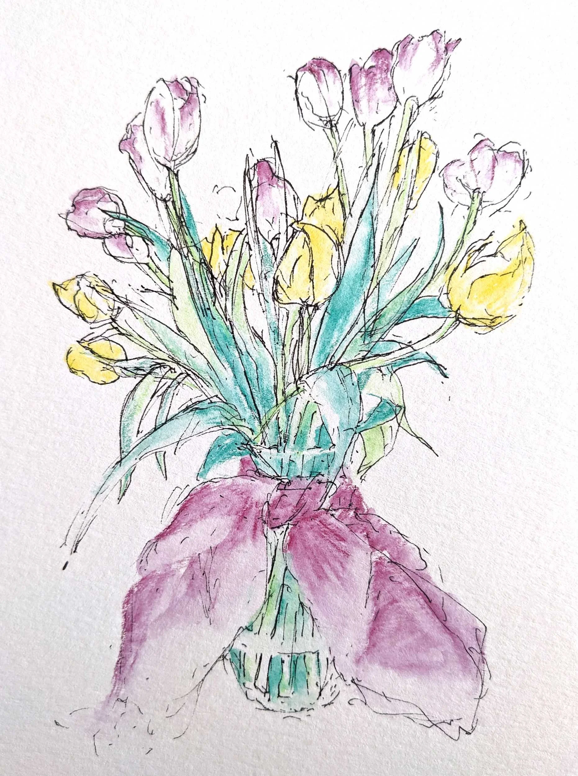 Tulips  5" x 7"  Ink and watercolor