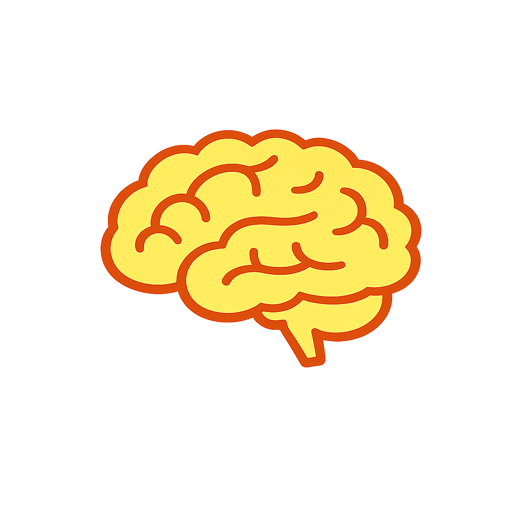 A cartoon illustration of a human brain in yellow with orange outlines.