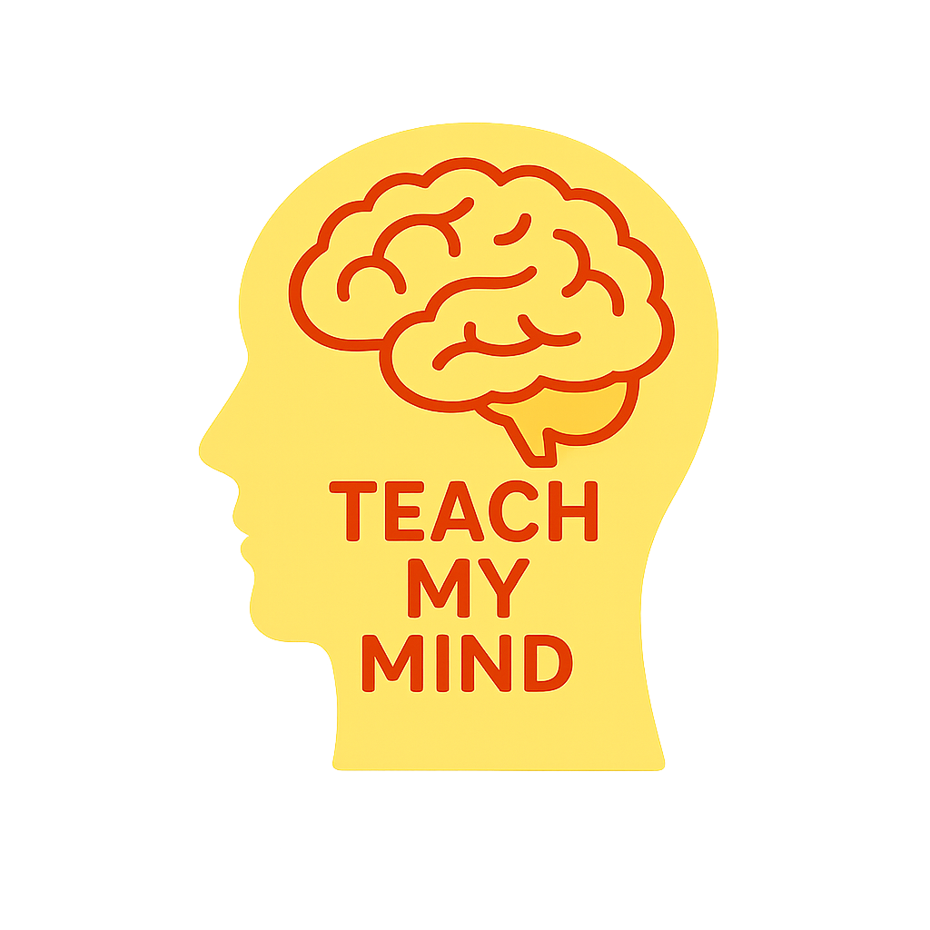 Illustration of a human head in profile with a brain outline, and the words 'Teach My Mind' inside the head