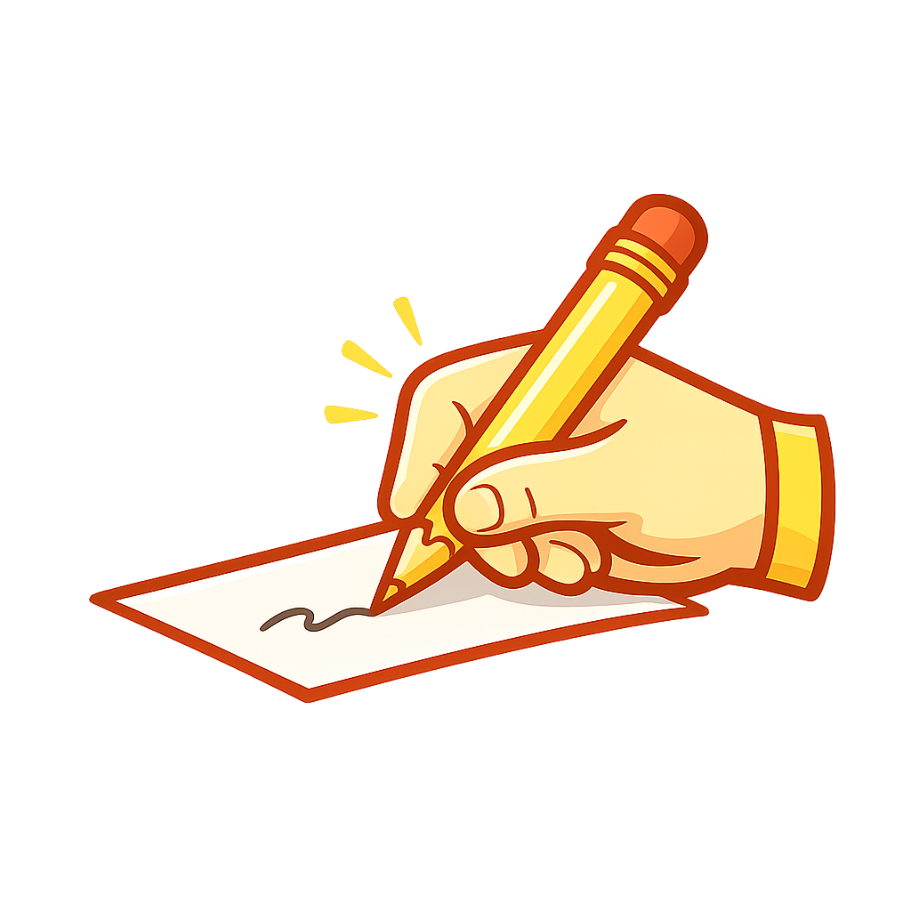 A cartoon illustration of a hand holding a yellow pencil and writing on a piece of paper with a squiggly line.
