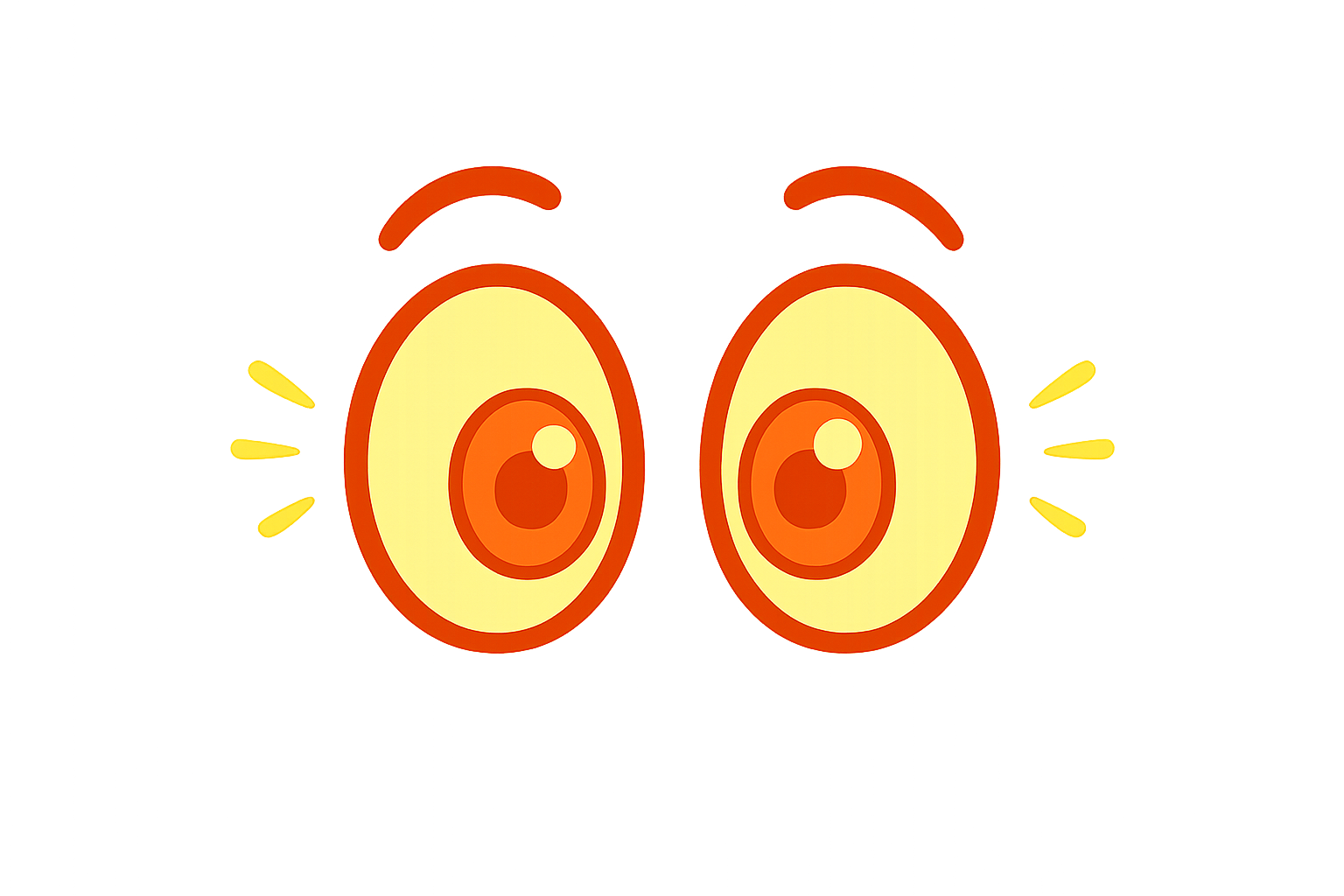 Cartoon image of a surprised or excited face with wide-open eyes and raised eyebrows, depicted in bright orange and yellow colors.