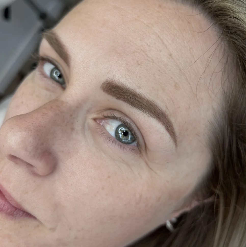 Close-up of Powder Brows with soft brown shading beneath the natural eyebrow hairs.
