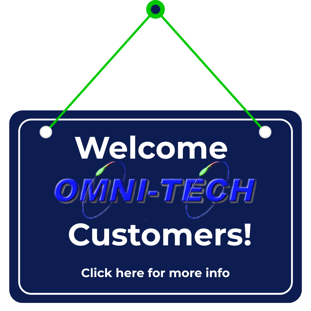 A welcoming sign for OMNI-TECH customers with a message to click for more info, featuring a dark blue background and white text, with a prominent OMNI-TECH logo.