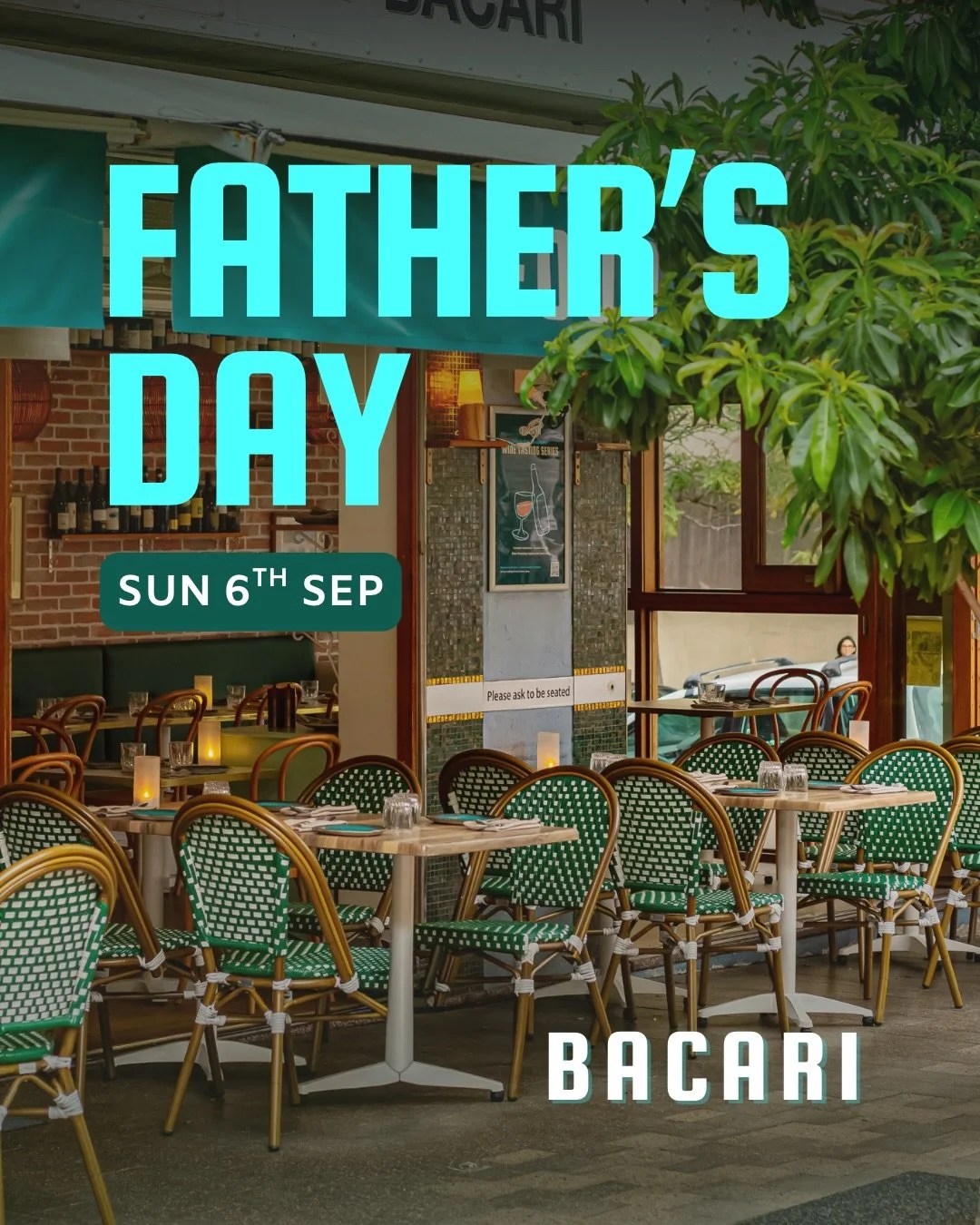 FATHER&rsquo;S DAY AT BACARI

On Sunday, 6th September, bring Dad. Bring the family. We&rsquo;ll take care of the rest.

Bookings now open. #fathersday 

START WITH BREAKFAST
A shared spread of fresh fruit, mini granola &amp; sweet treats, followed b