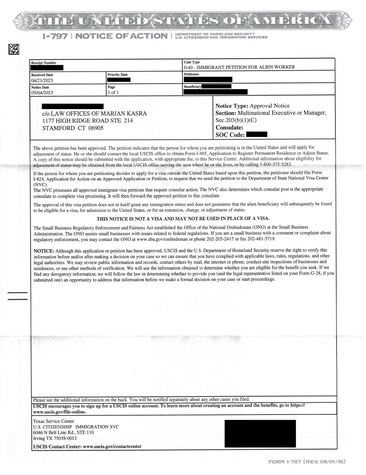 I-140 Immigrant Petition For Alien Worker (EB-1C) Approval Notice