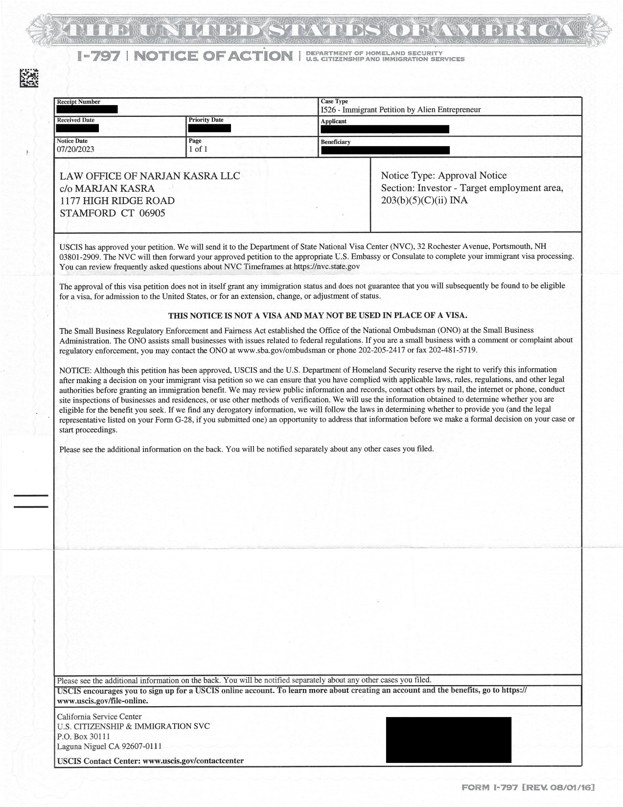 Immigrant Petition By Standalone Investor (EB-5 Approval Notice)