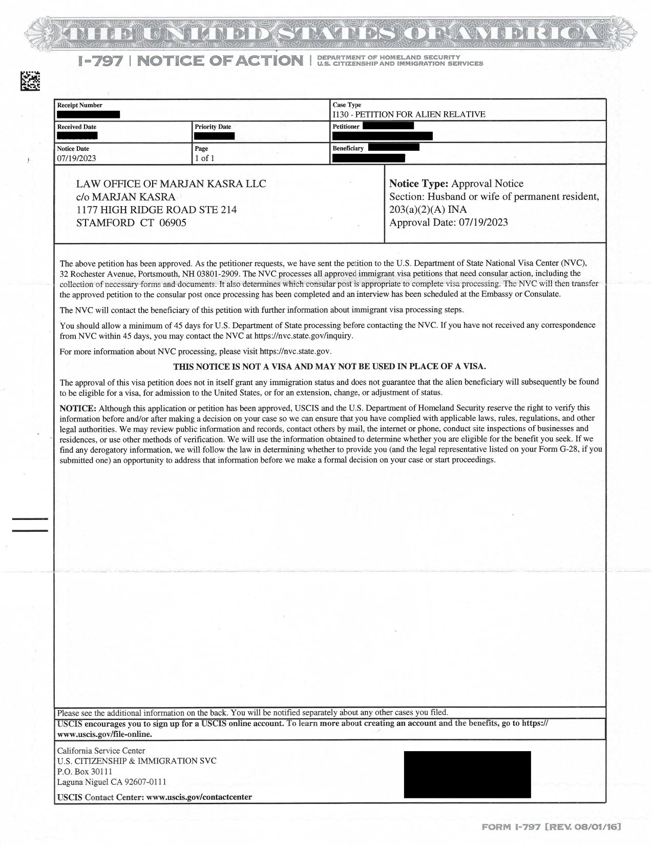 I-130 Petition For Alien Relative Approval Notice