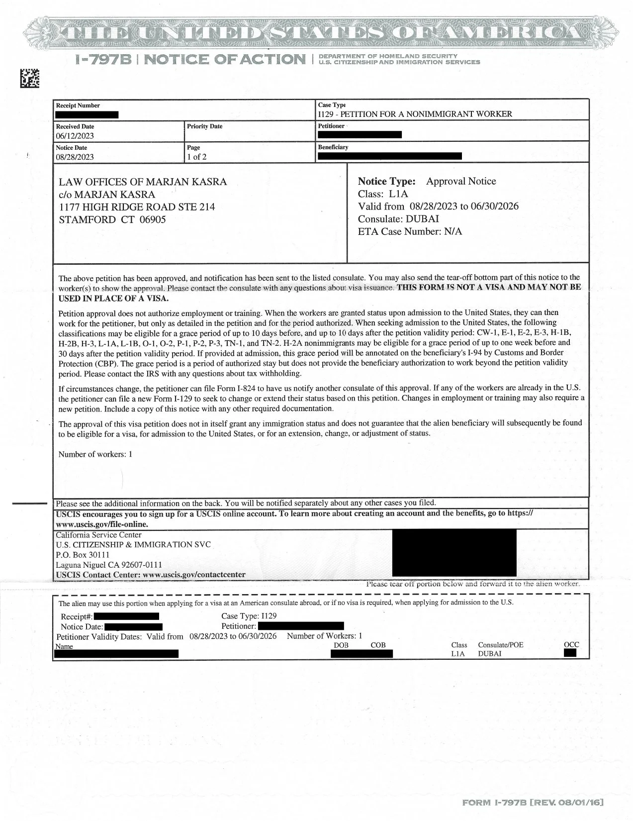 I-129 Petition For A Non Immigrant Worker (L-1A) Approval Notice</a>