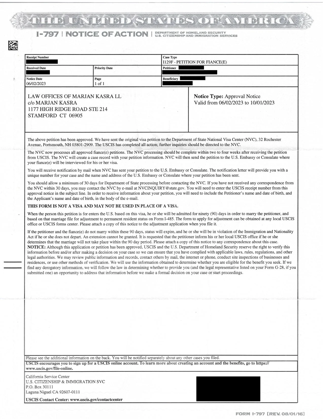 I-129F Petition For Fiancé Approval Notice