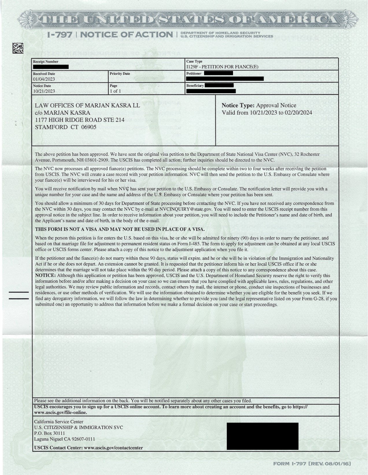 I-129F Petition For Fiancé Approval Notice</a>