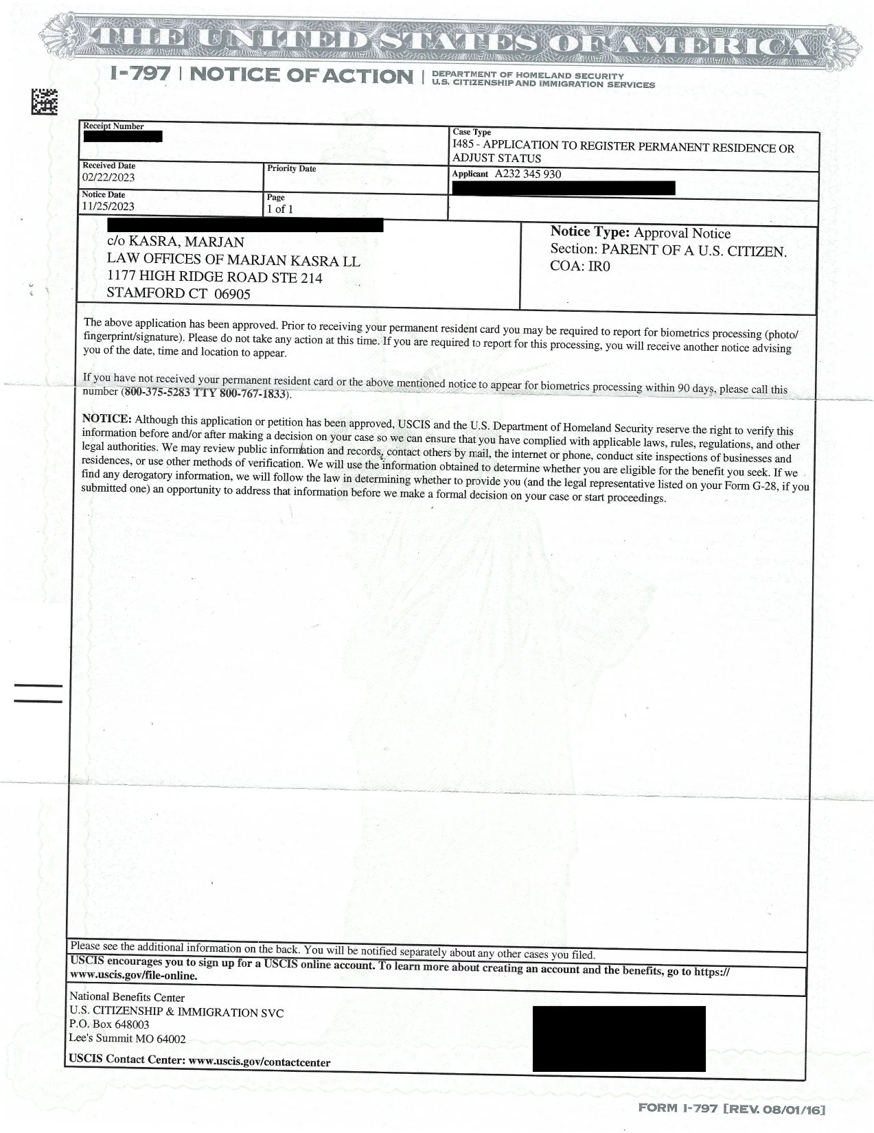 I-485 Application To Register Permanent Residence Or Adjust Status Approval Notice
