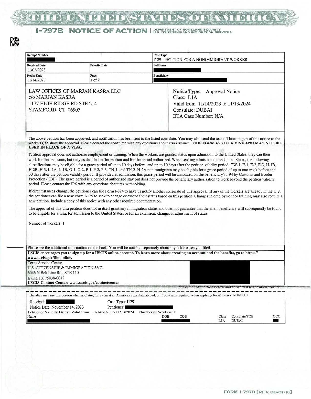 I-129 Petition For A Non Immigrant Worker (L-1A) Approval Notice
