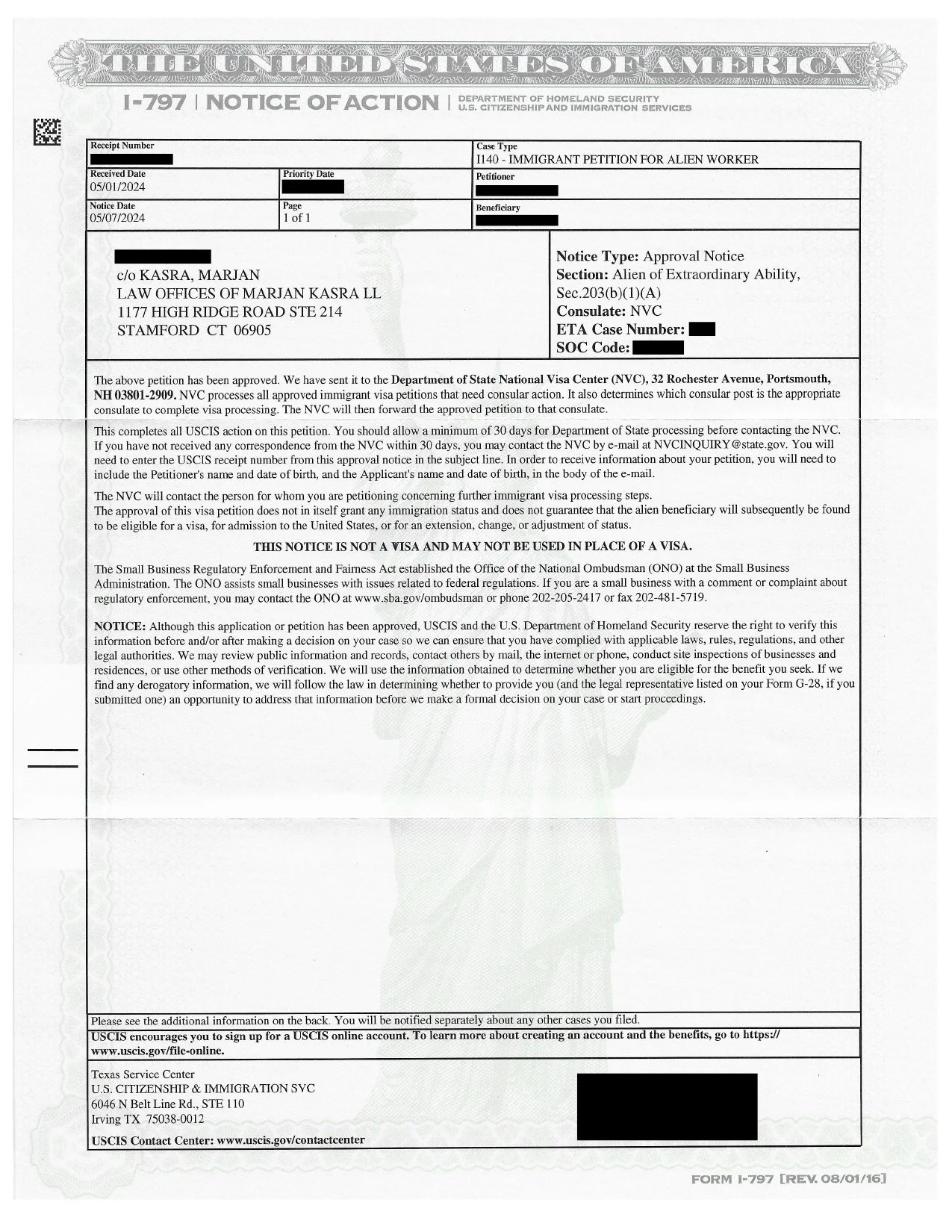 I-140 Immigrant Petition For Alien Worker (EB-1) Approval Notice