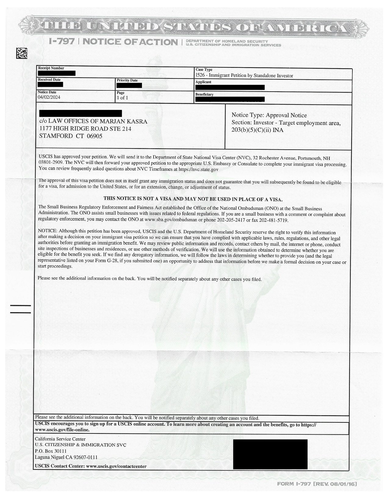Immigrant Petition By Standalone Investor (EB-5 Approval Notice)