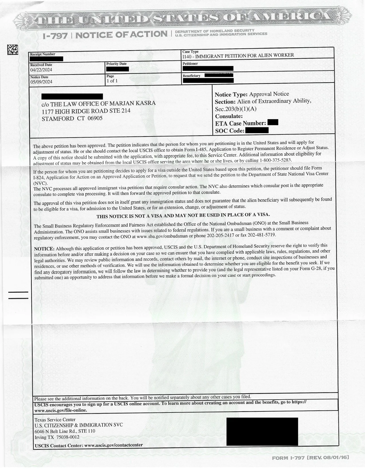 I-140 Immigrant Petition For Alien Worker (EB-1) Approval Notice