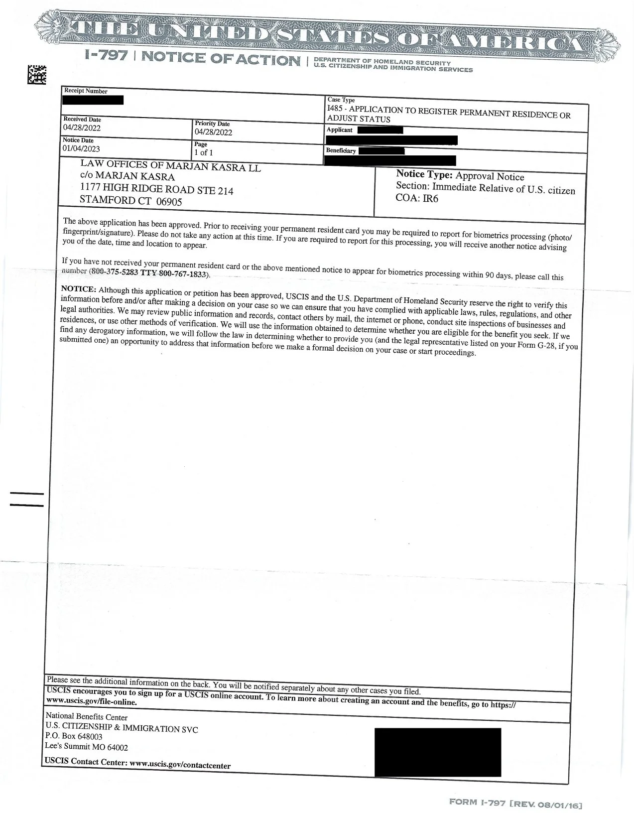 I-485 APPLICATION TO REGISTER PERMANENT RESIDENCE OR ADJUST STATUS APPROVAL NOTICE