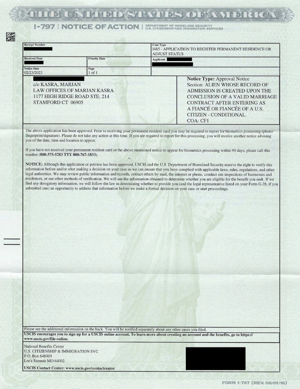 I-485 Application To Register Permanent Residence or Adjust Status Approval Notice