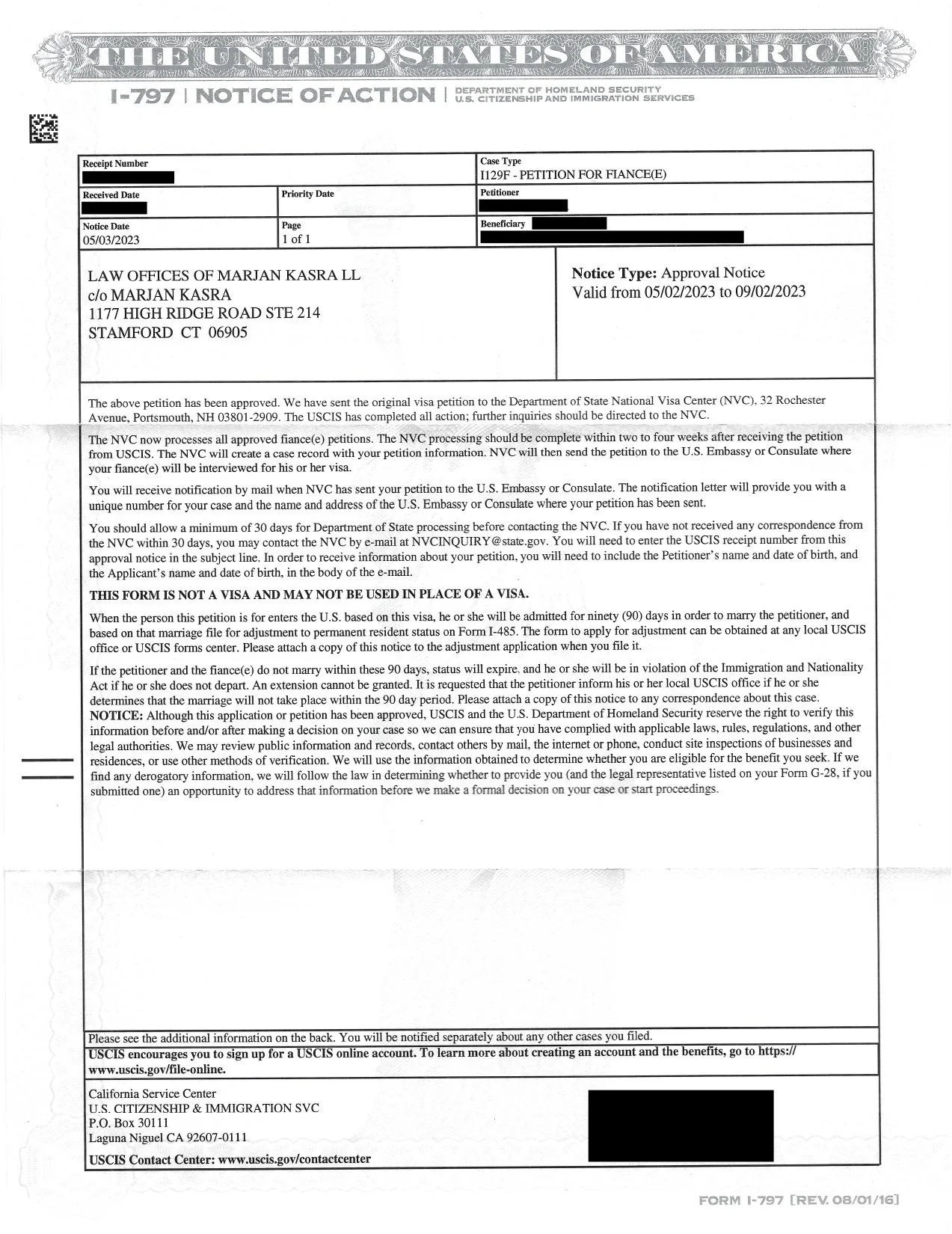 I-129F Petition For Fiancé Approval Notice