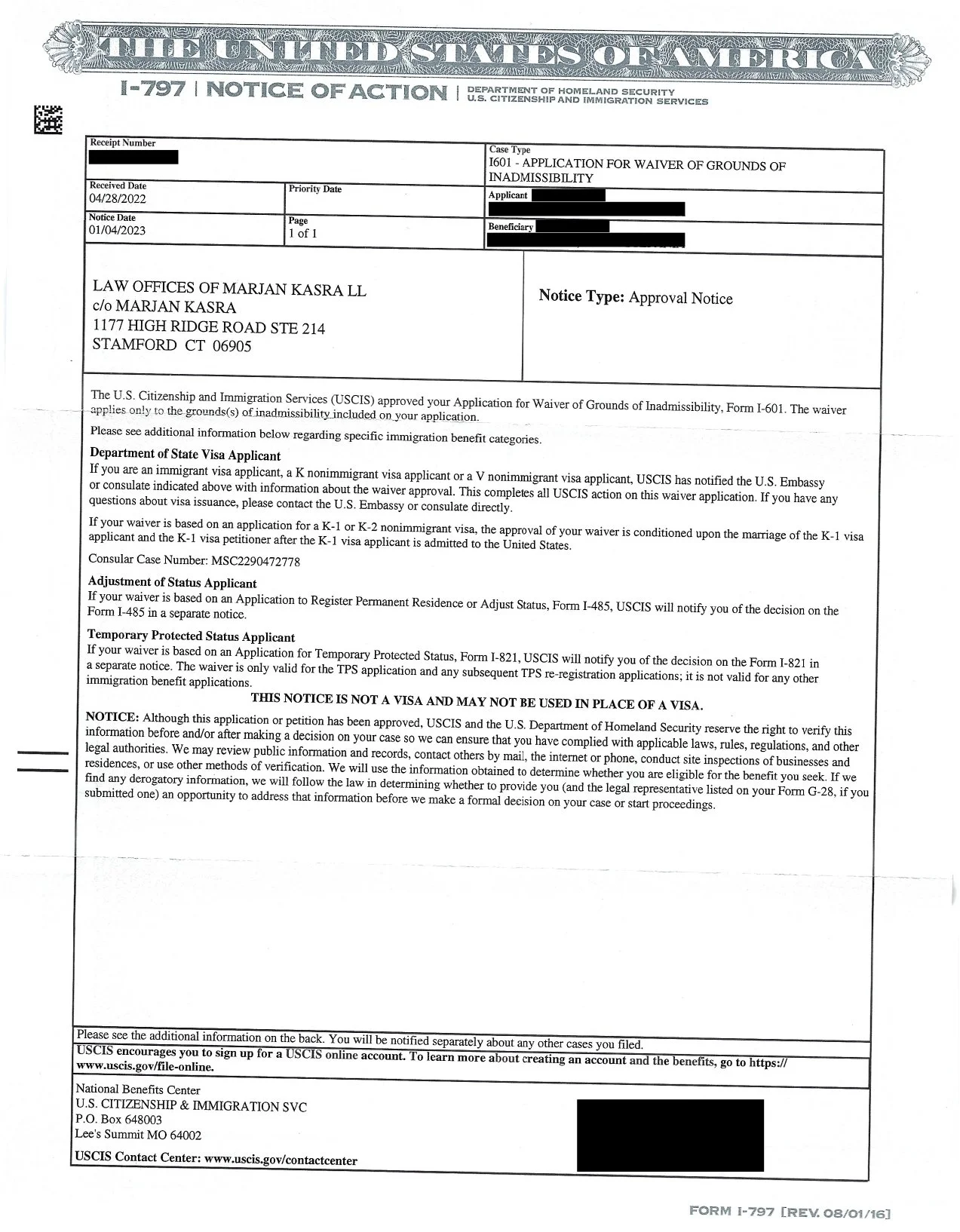 I-601 APPLICATION FOR WAIVER OF GROUNDS OF INADMISSIBILITY APPROVAL NOTICE