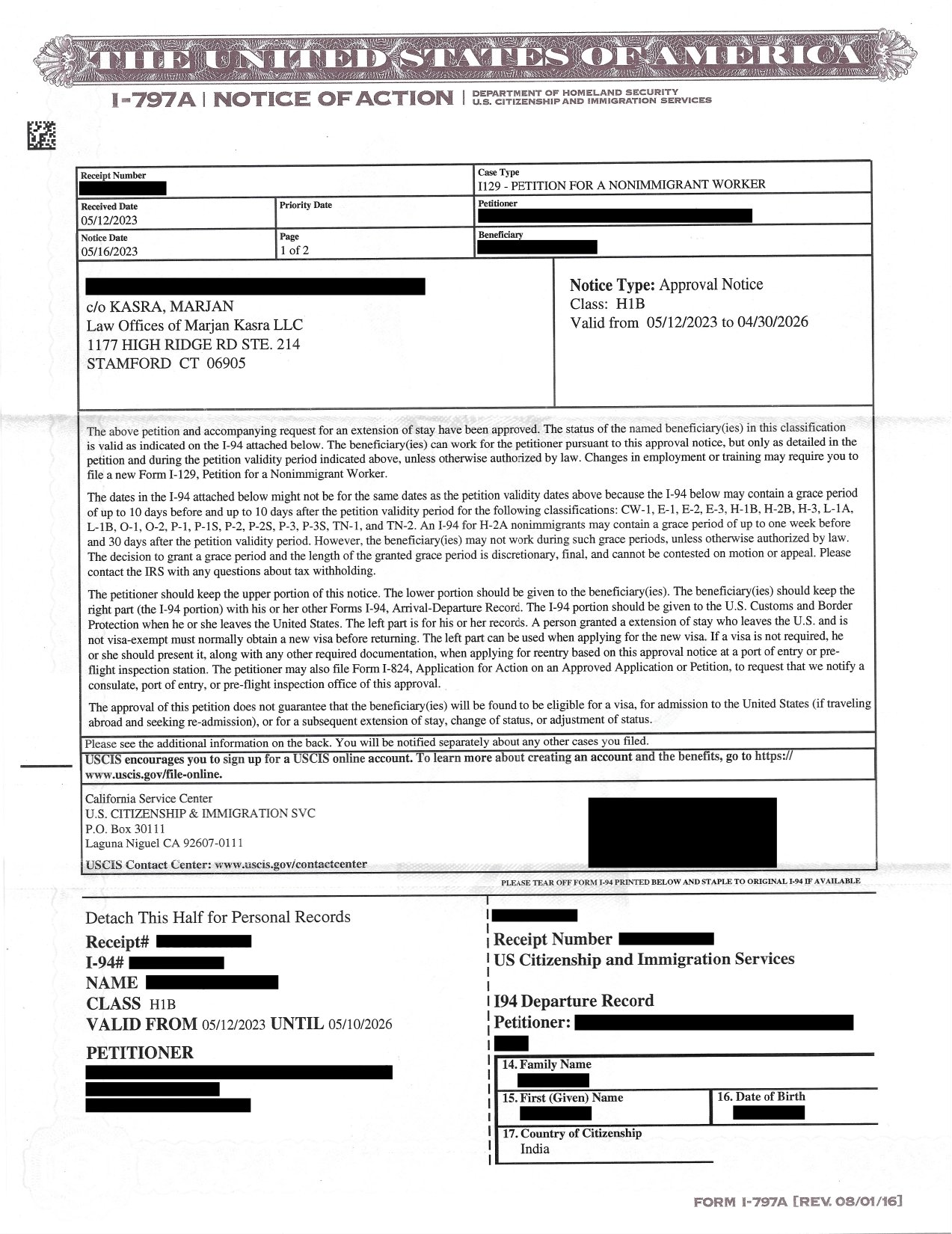 I-129 Petition For A Non Immigrant Worker (H-1b) Approval Notice
