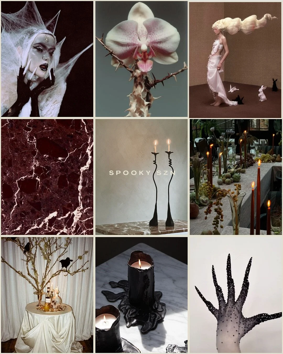 Athough October nears its end, we're always conjuring a dark and theatrical experience. 🖤
☾ Curating an immersive world
 ☾ Transforming a space
 ☾ Designing a new reality 
#spookyszn #october #creepyflorals #styledshoot #dinnerparty #floralstyli