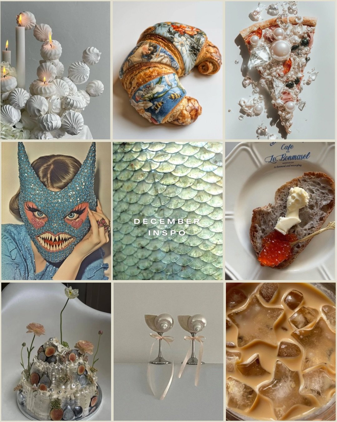 The inspo behind CRUSTACEAN CHRISTMAS🐟 from initial concept to production we are inspired by pearlescent textures, metallic flowers and (AI 😭) pastry art 

These photos are for inspiration only, we do not own this content. 

#decemberedition #laflo