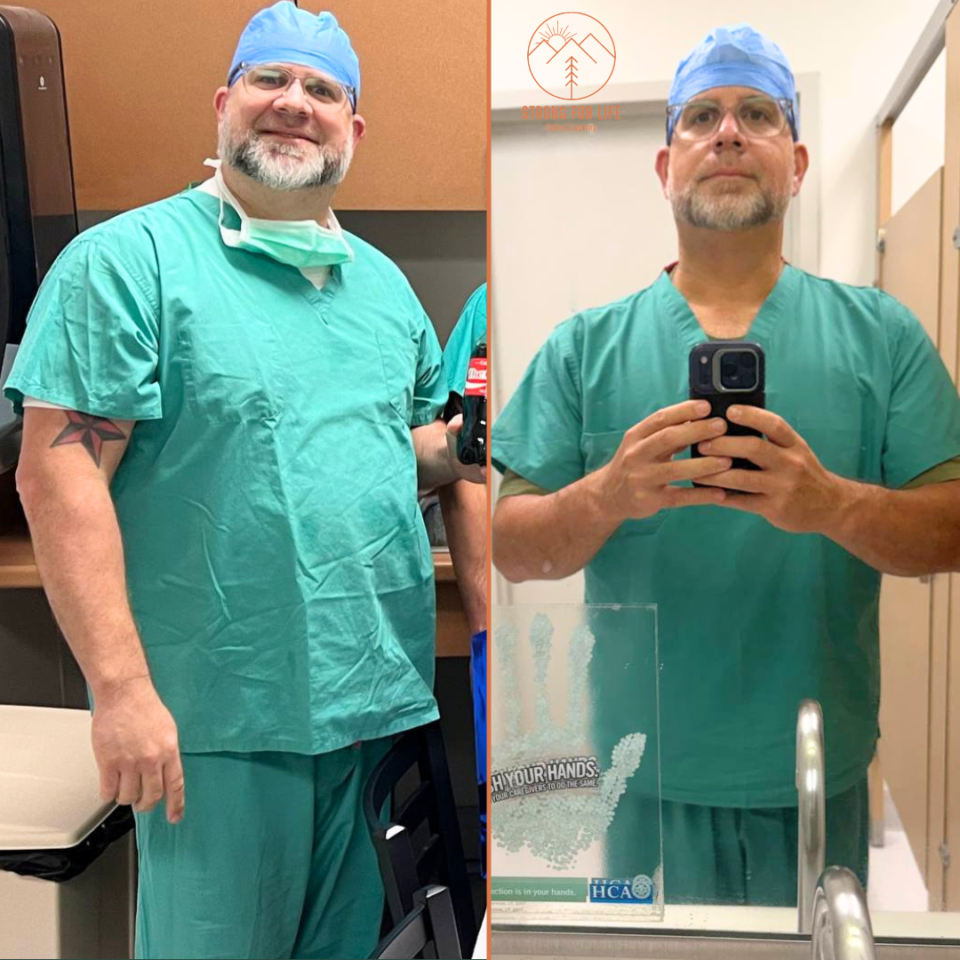 A side-by-side weightloss comparison of a man in scrubs showing weight lost due to healthy habits
