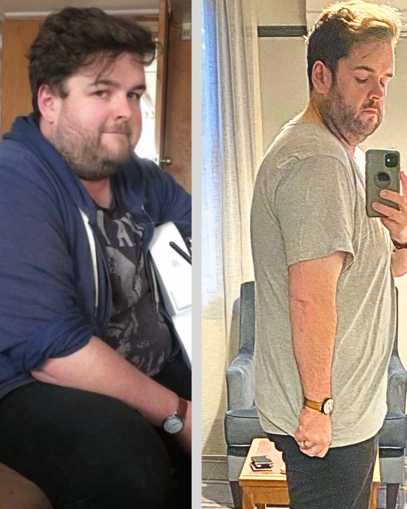 A white collar worker shows how much weight he has lost after training