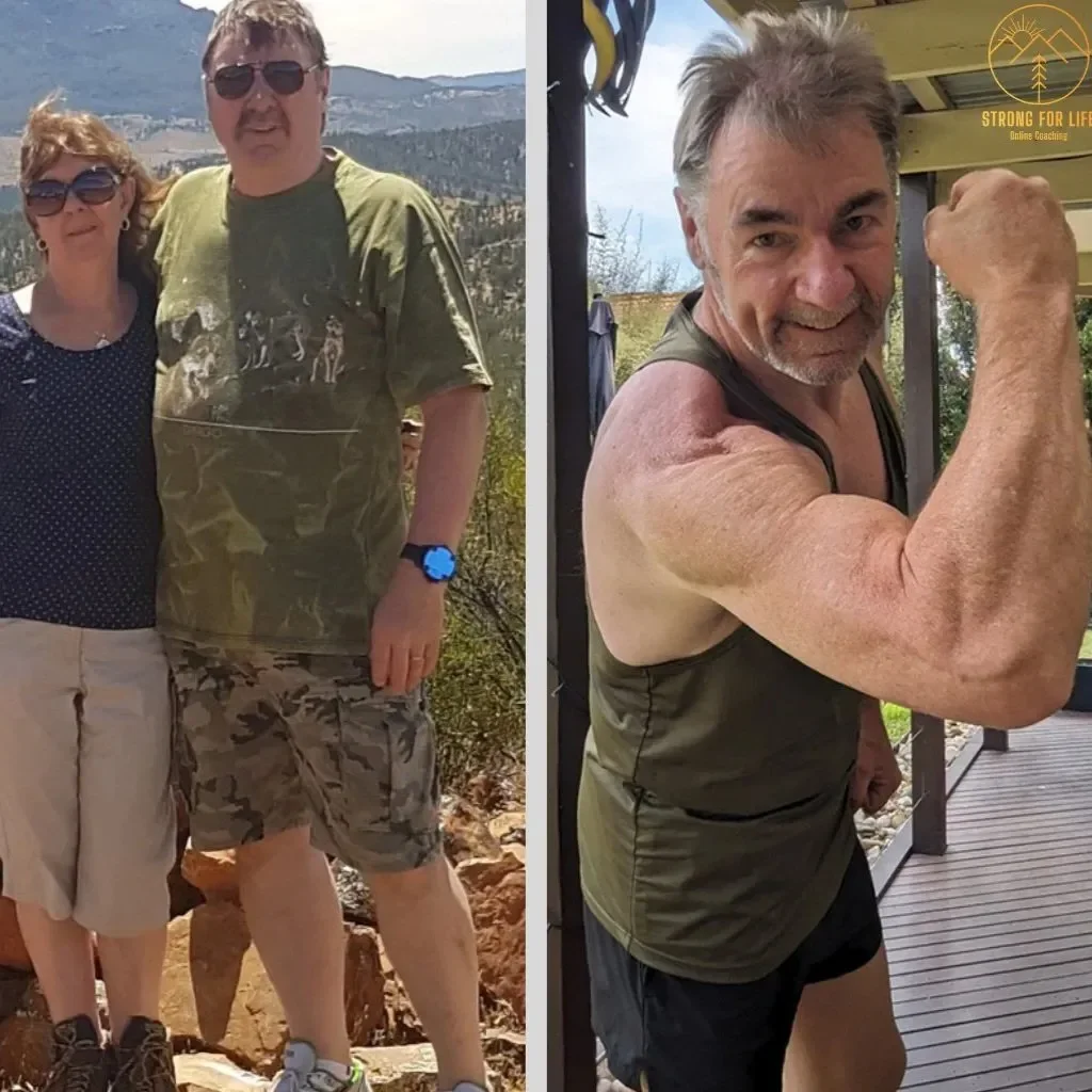 Greg, before and after, was obese and ashamed of his weight. On the right, he flexes his bicep indoors, showing muscle, wearing a tank top at 63 years old!
