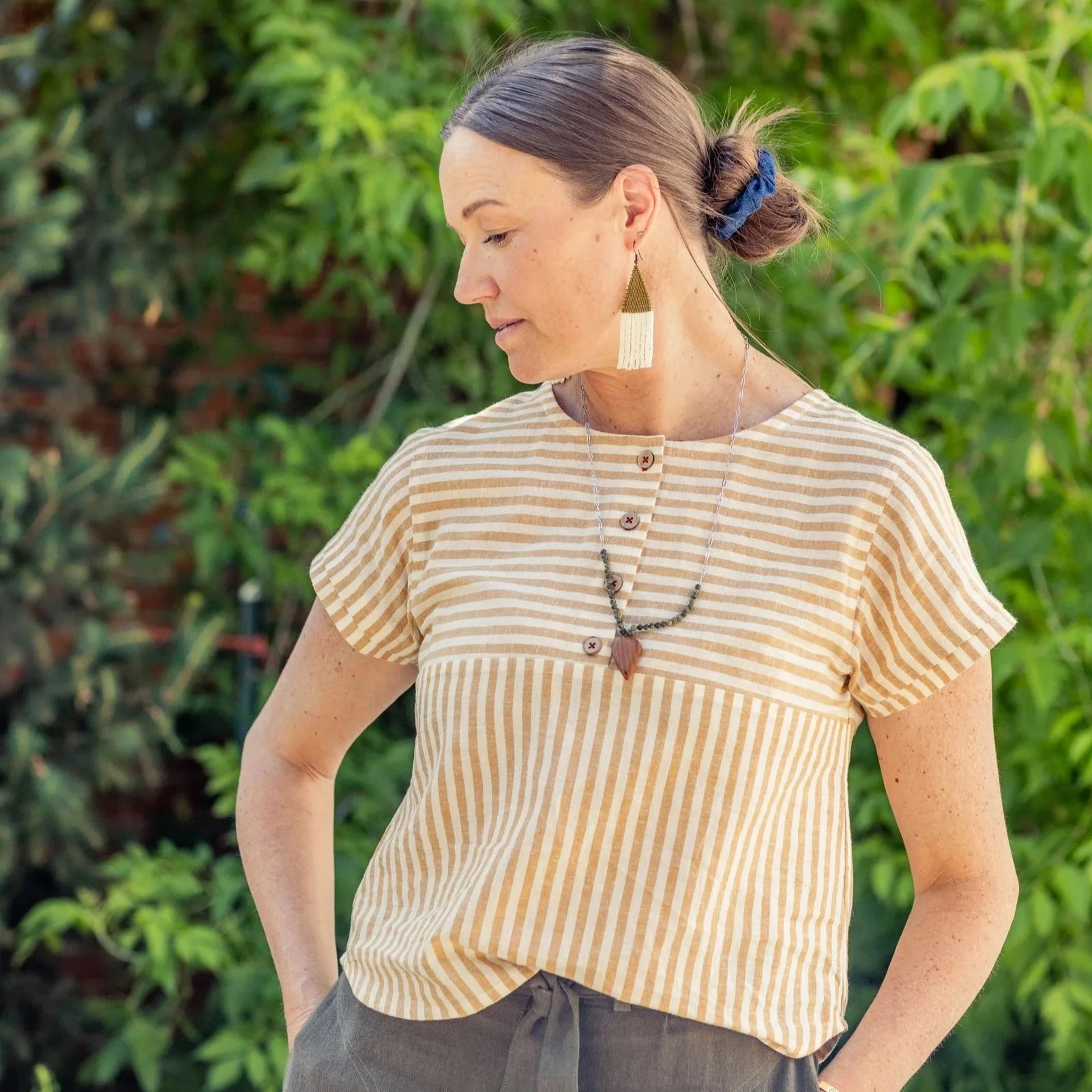 Foxlilie-womens-harper-blouse-caramel-stripe-lifestyle-front-detail.jpg