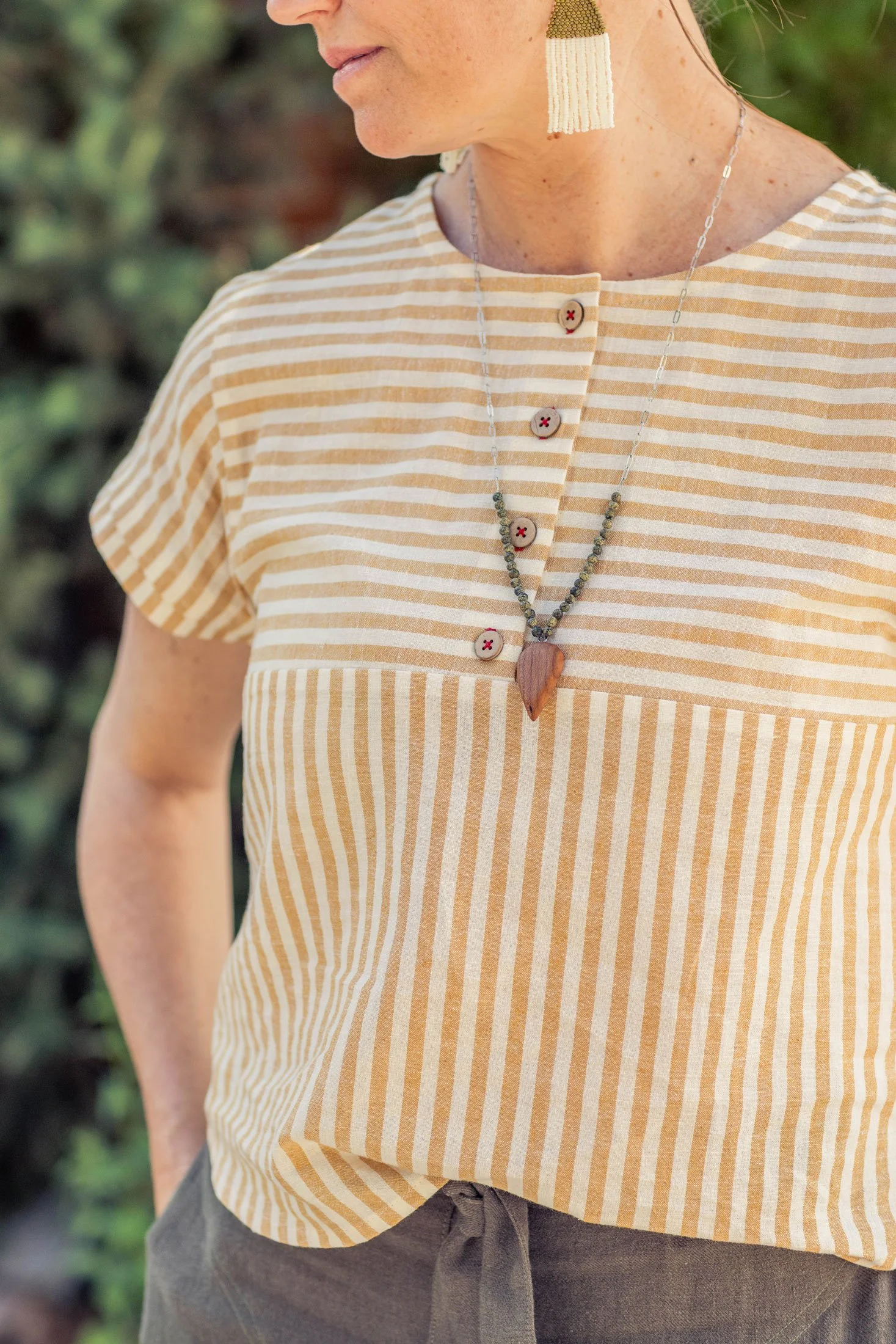 Foxlilie-womens-harper-blouse-caramel-stripe-lifestyle-front-closeup.jpg