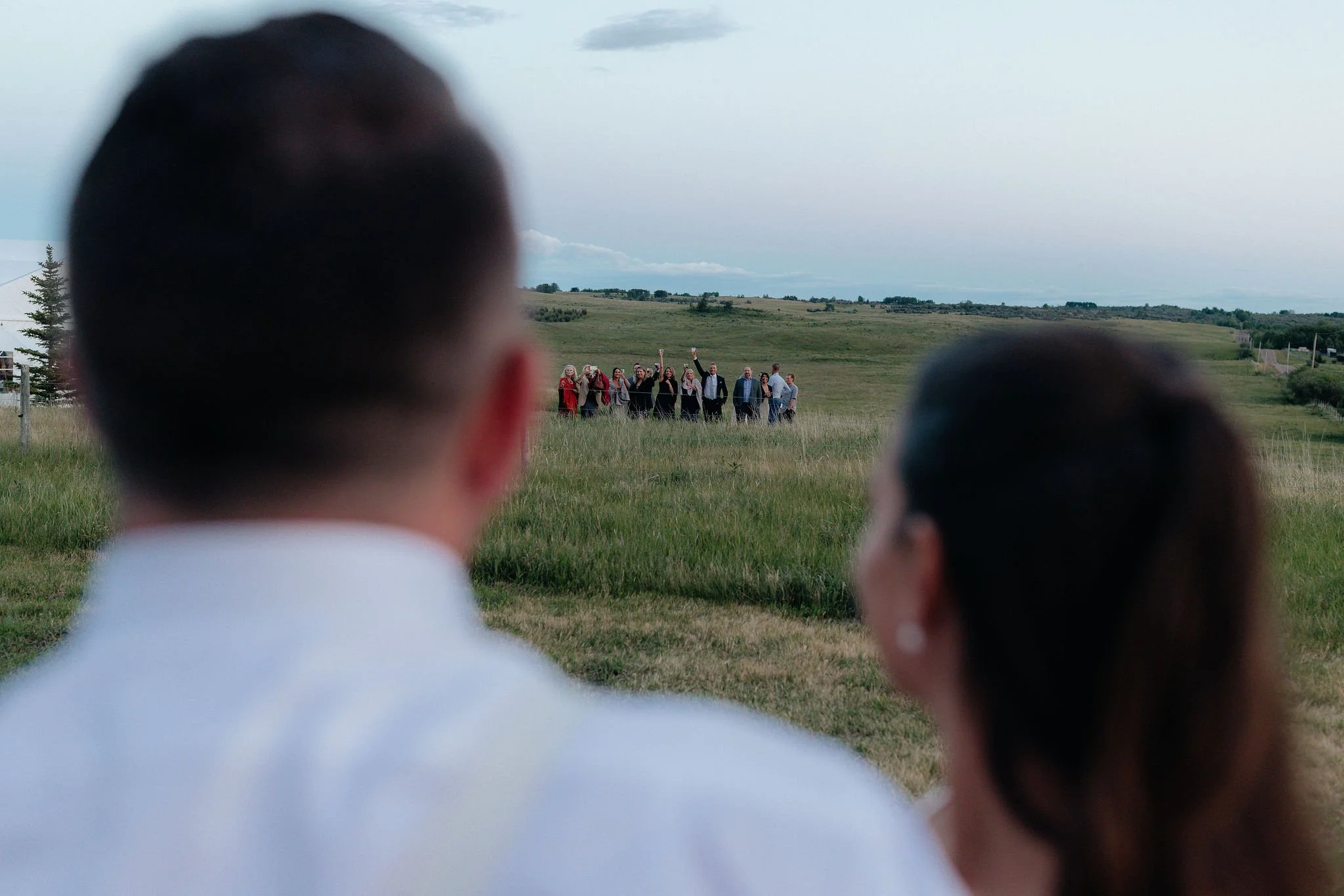 A couple is looking at a wedding party in the distance on a grassy field, with the couple blurred in the foreground.
